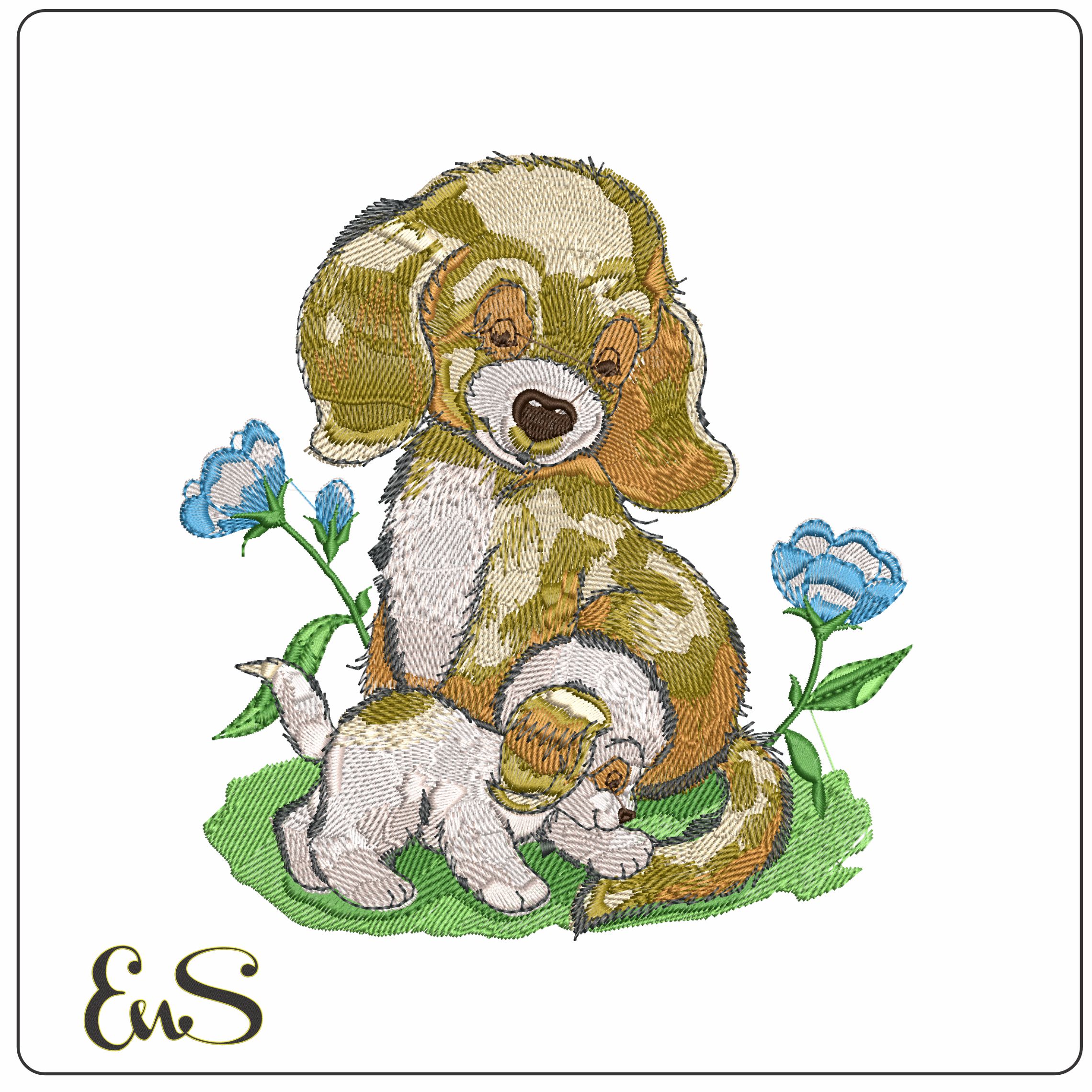 Dog with Puppy  - Elegant embroidery design file - instant download