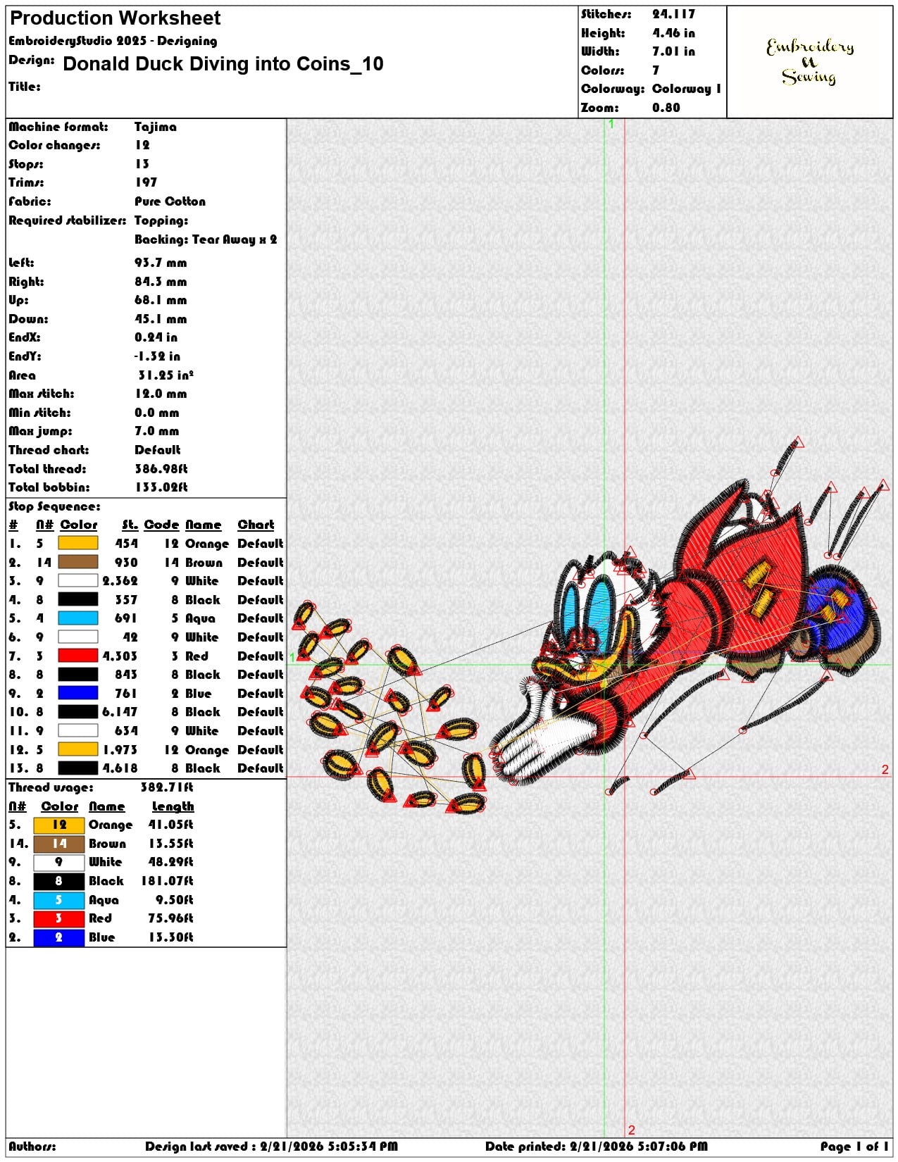 Donald Duck Diving into Coins  - Elegant embroidery design file - instant download — view 3