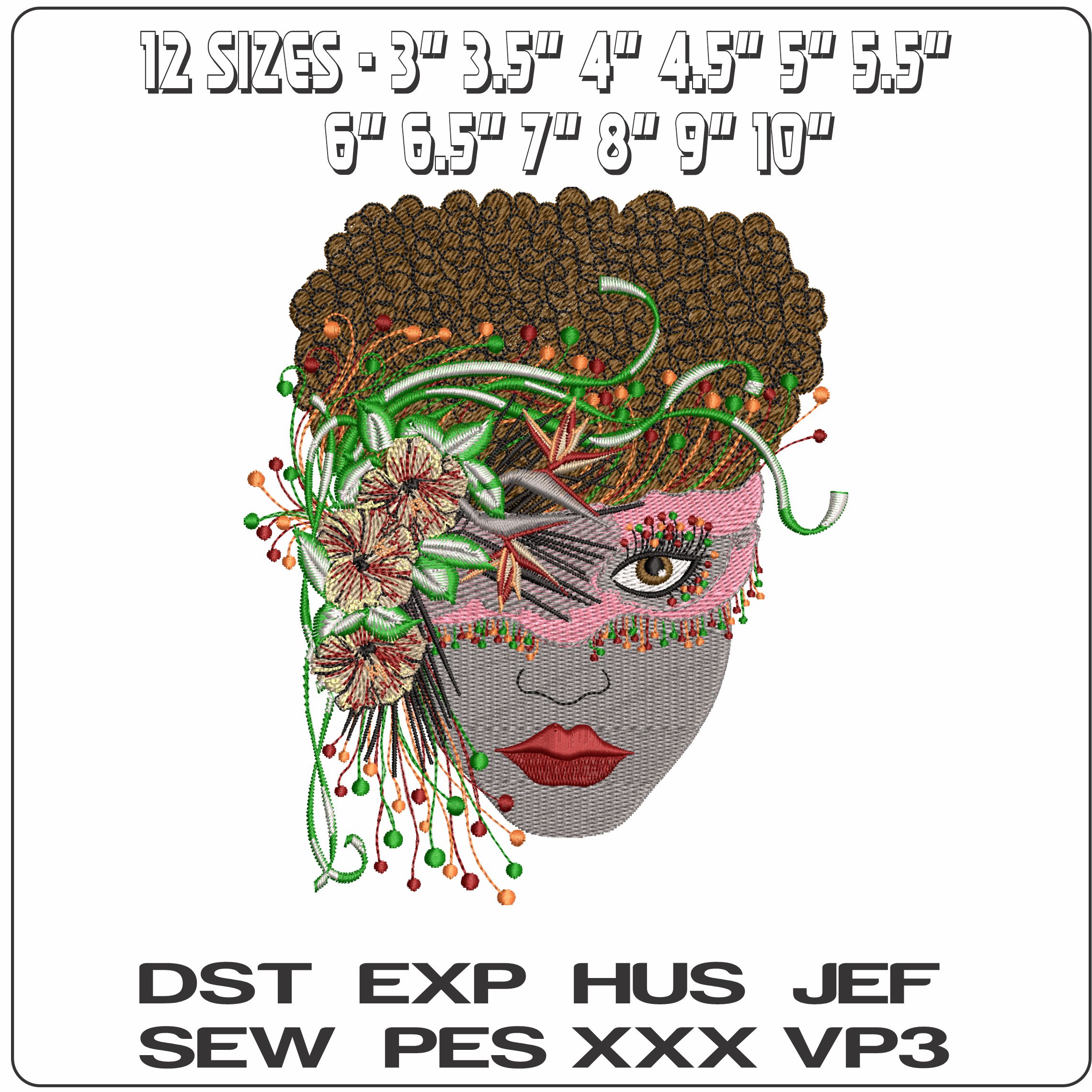 Elegant Lady Afro and Flowers Mask  - Elegant embroidery design file - instant download — view 2