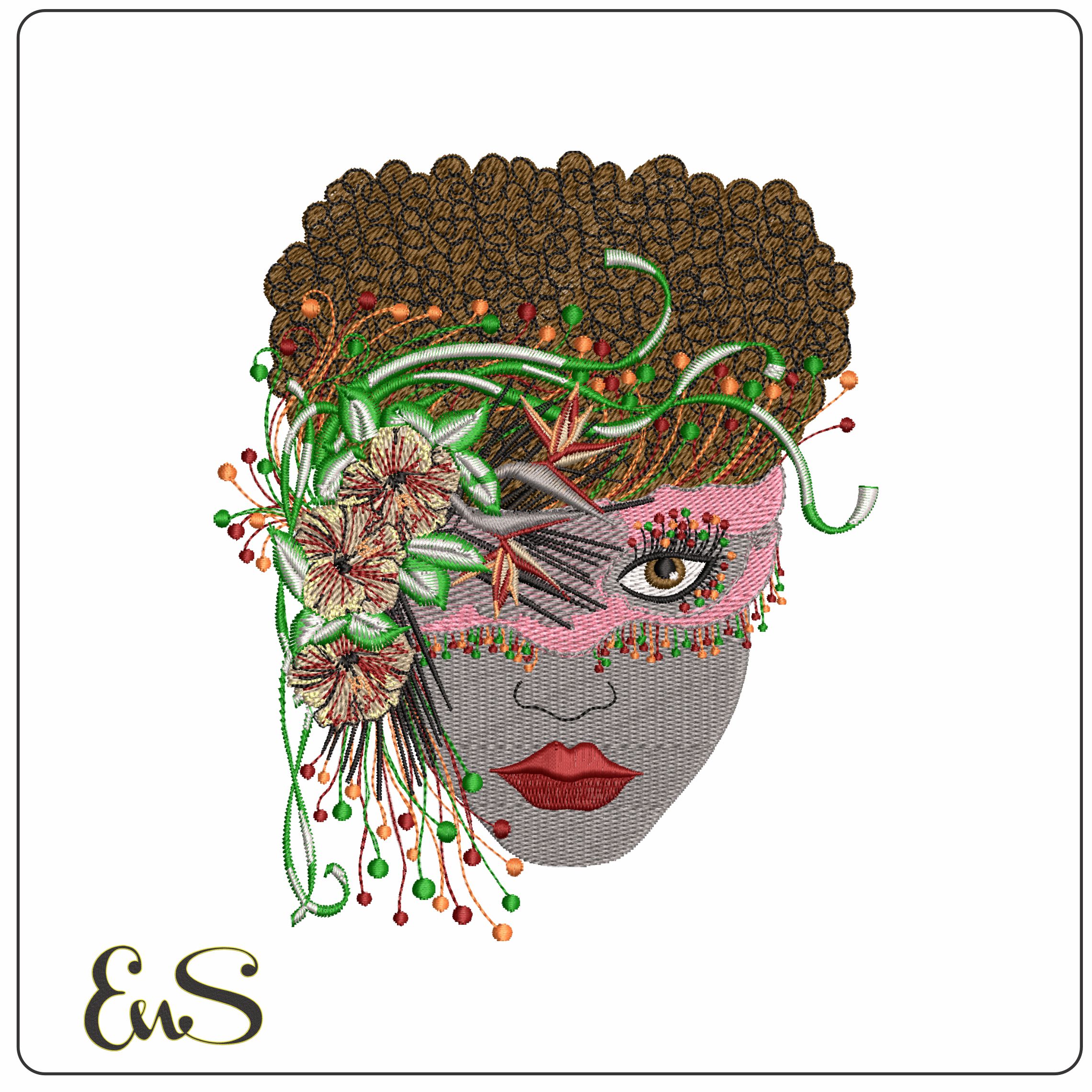 Elegant Lady Afro and Flowers Mask  - Elegant embroidery design file - instant download
