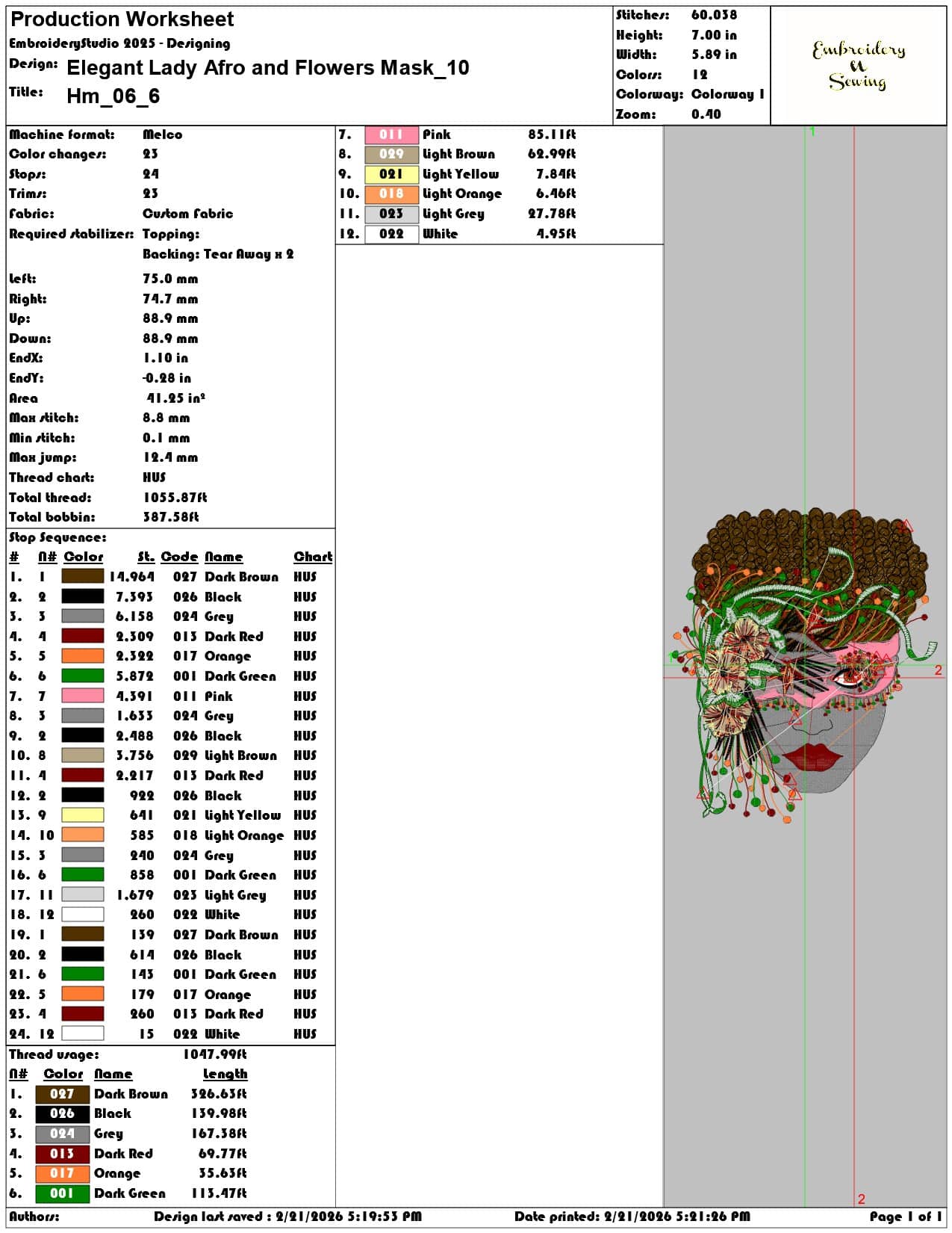 Elegant Lady Afro and Flowers Mask  - Elegant embroidery design file - instant download — view 3