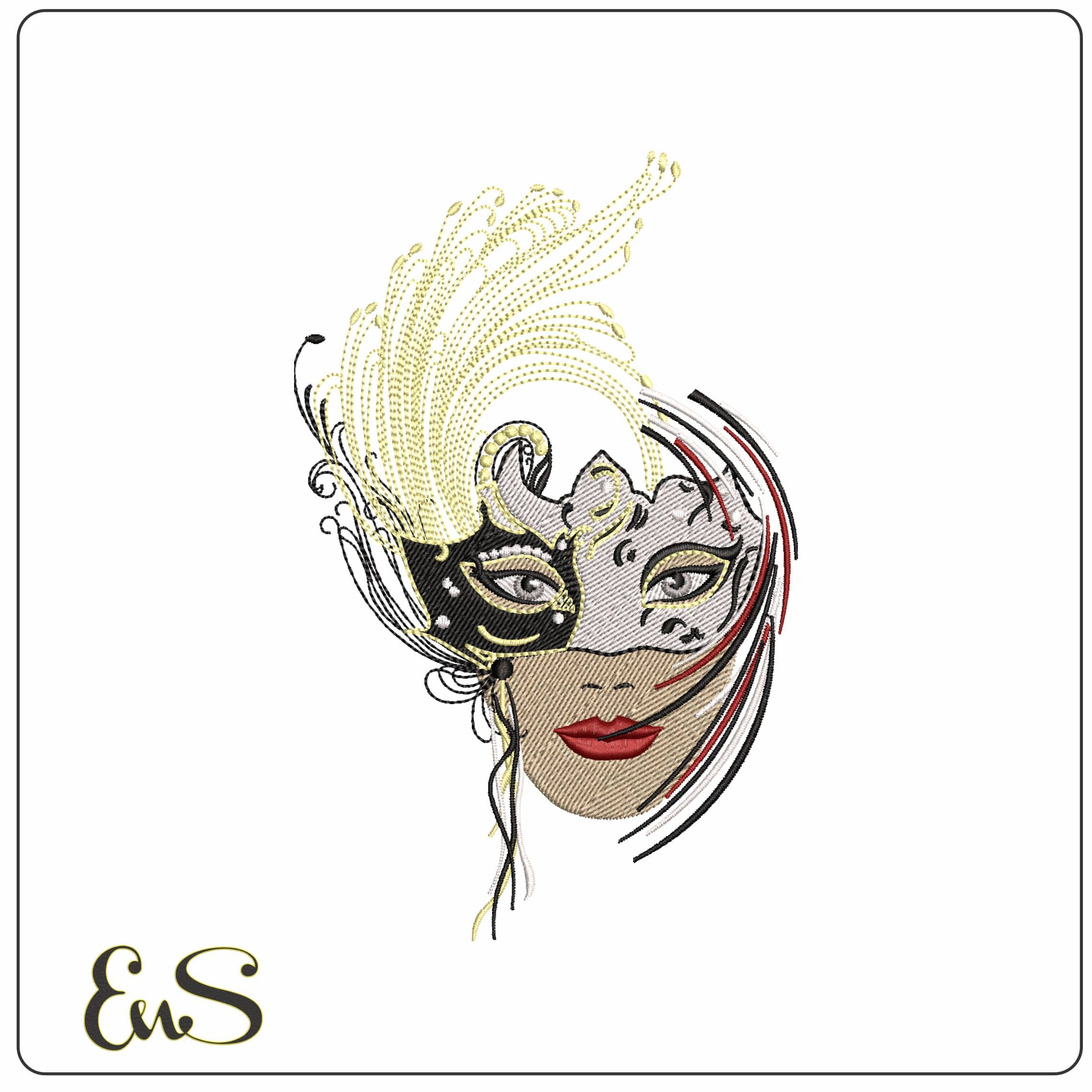 Elegant Lady Black and Silver Mask  - Elegant embroidery design file - instant download