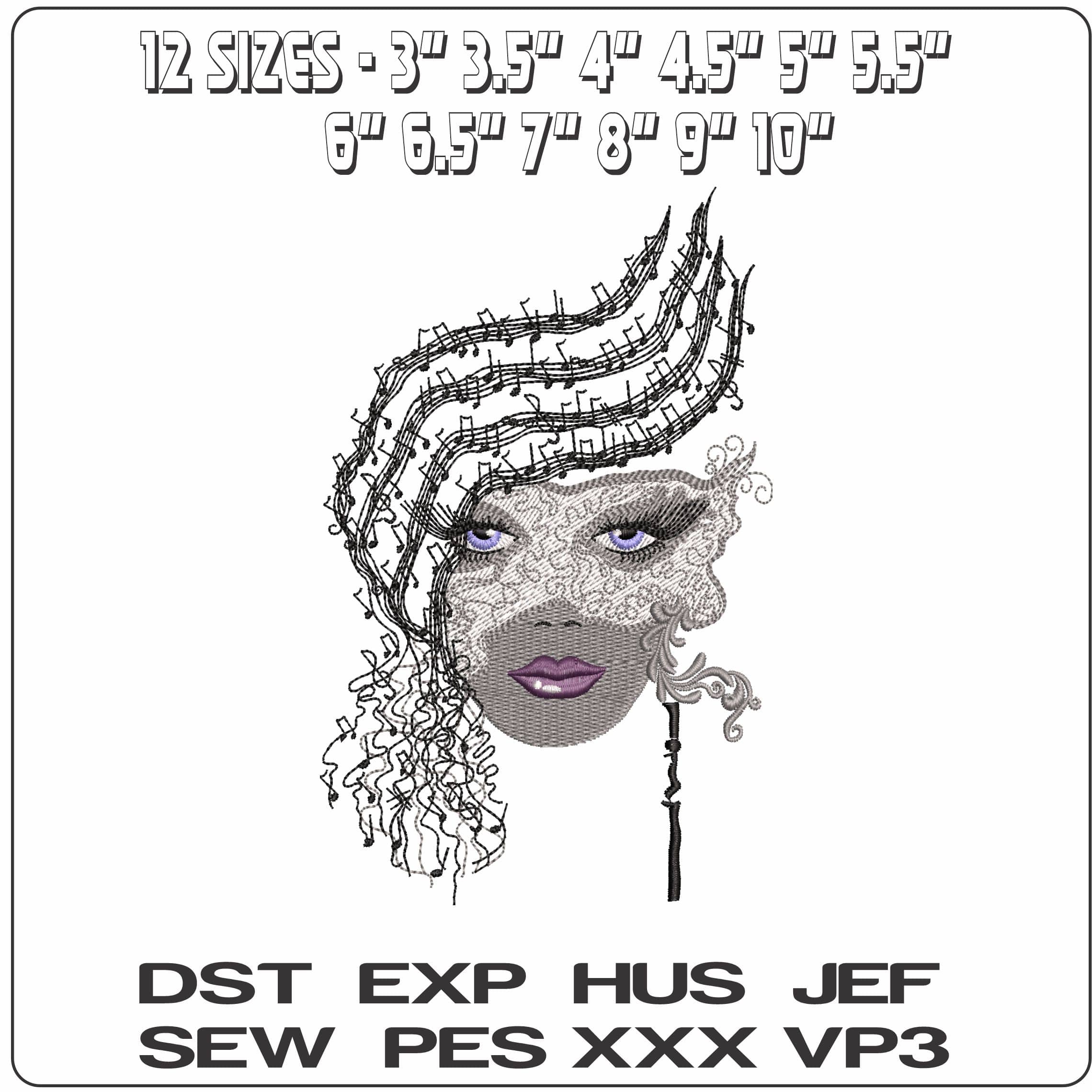 Elegant Lady Black and Silver Music notes Mask  - Elegant embroidery design file - instant download — view 2
