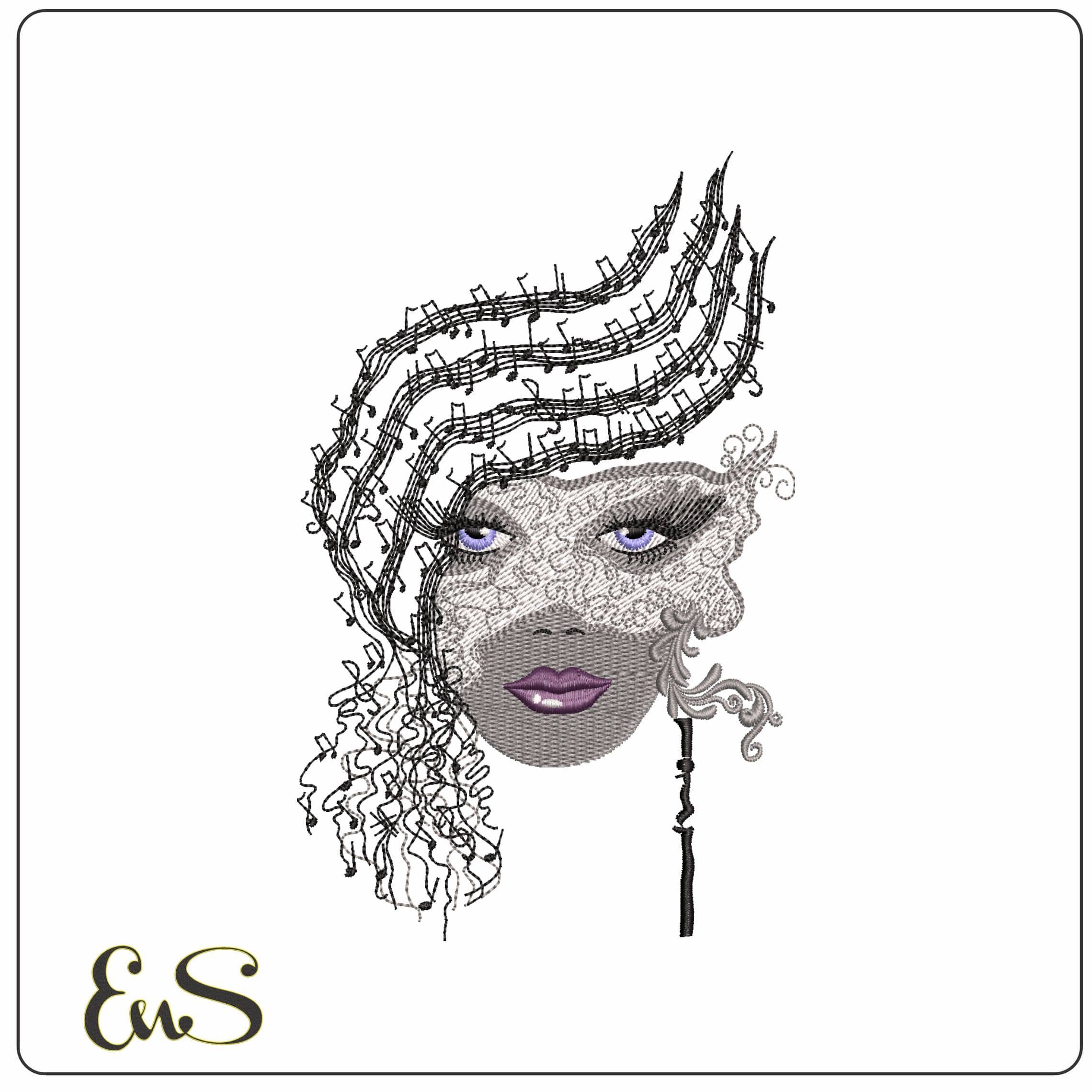 Elegant Lady Black and Silver Music notes Mask  - Elegant embroidery design file - instant download