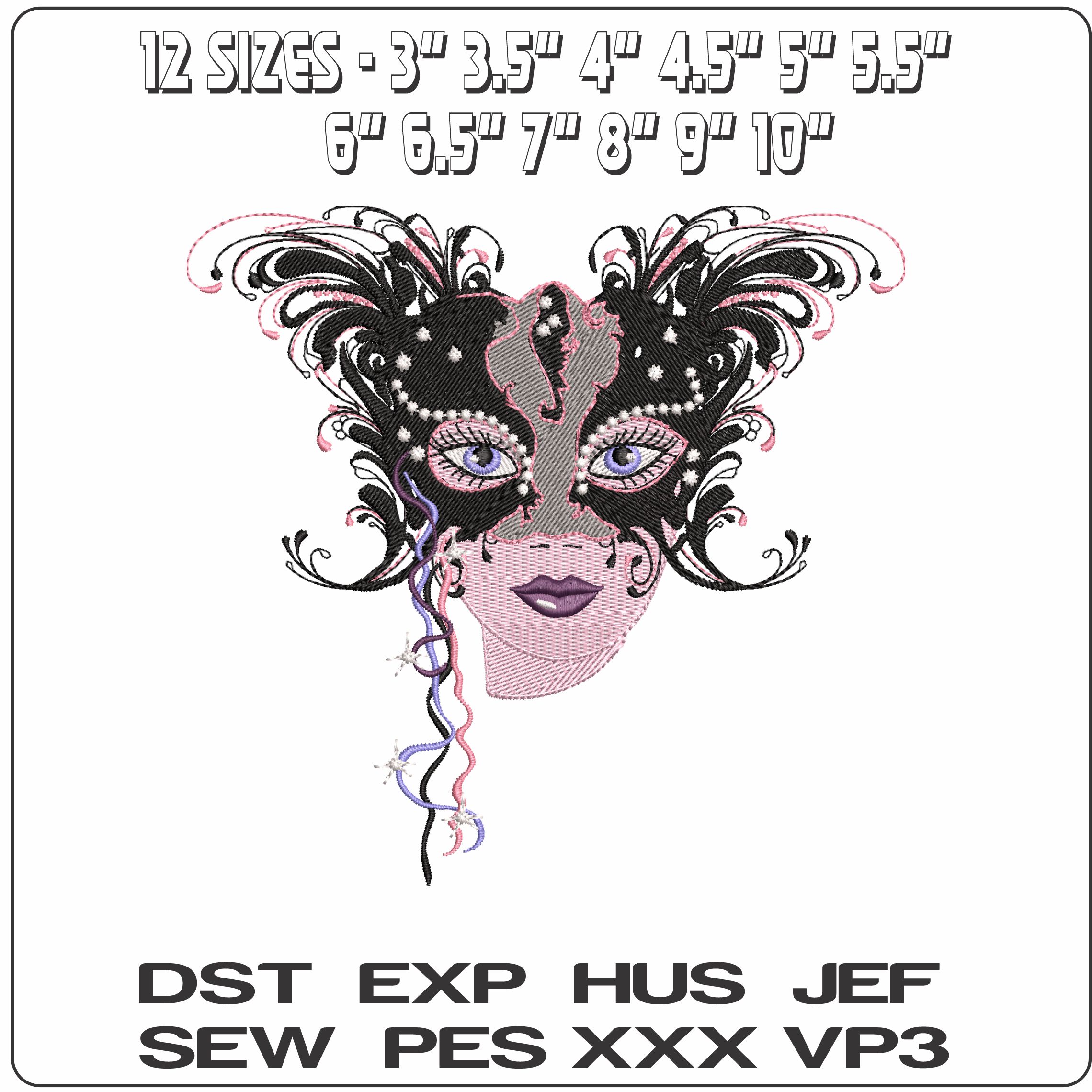 Elegant Lady Black Feathers Mask  - Elegant embroidery design file - instant download — view 2