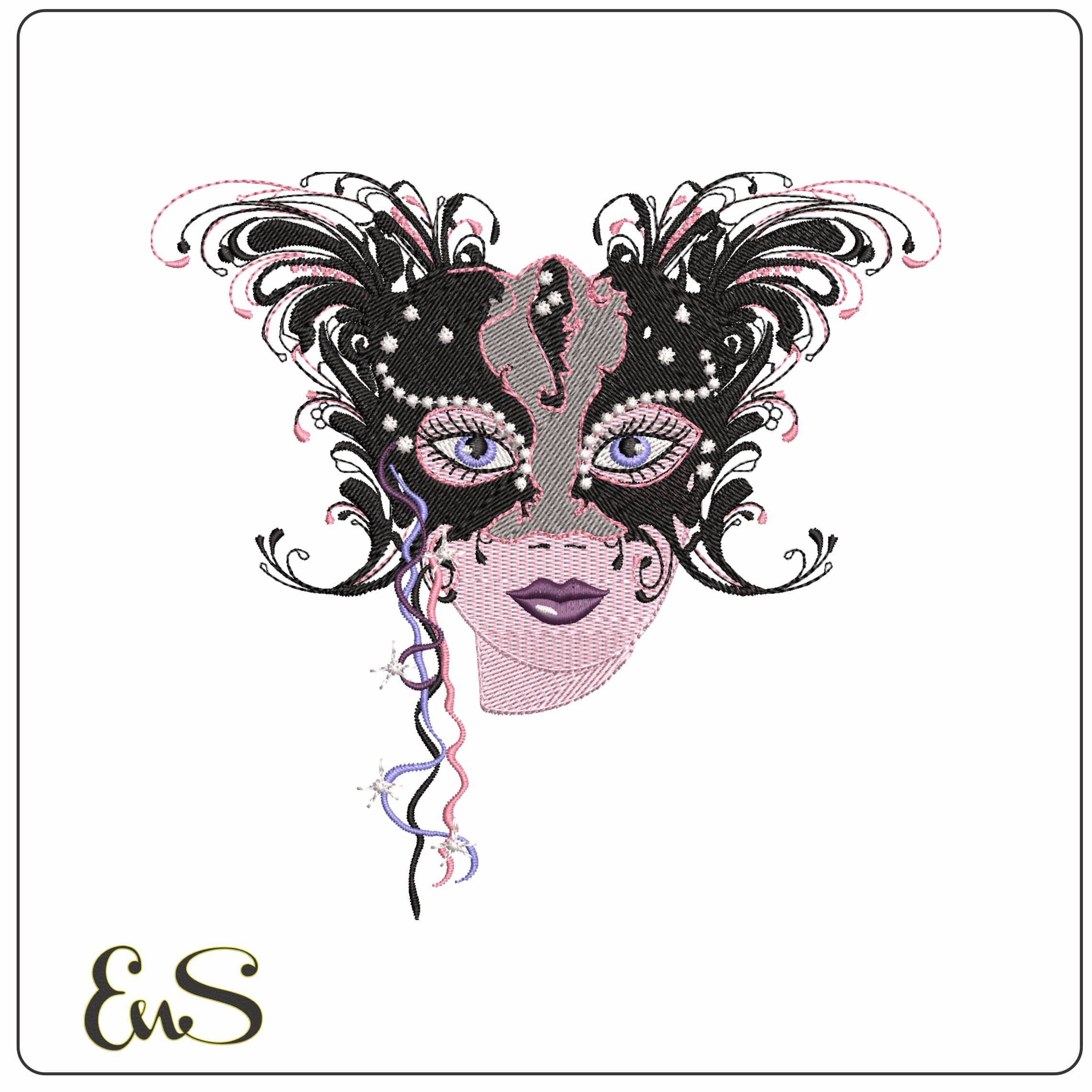 Elegant Lady Black Feathers Mask  - Elegant embroidery design file - instant download