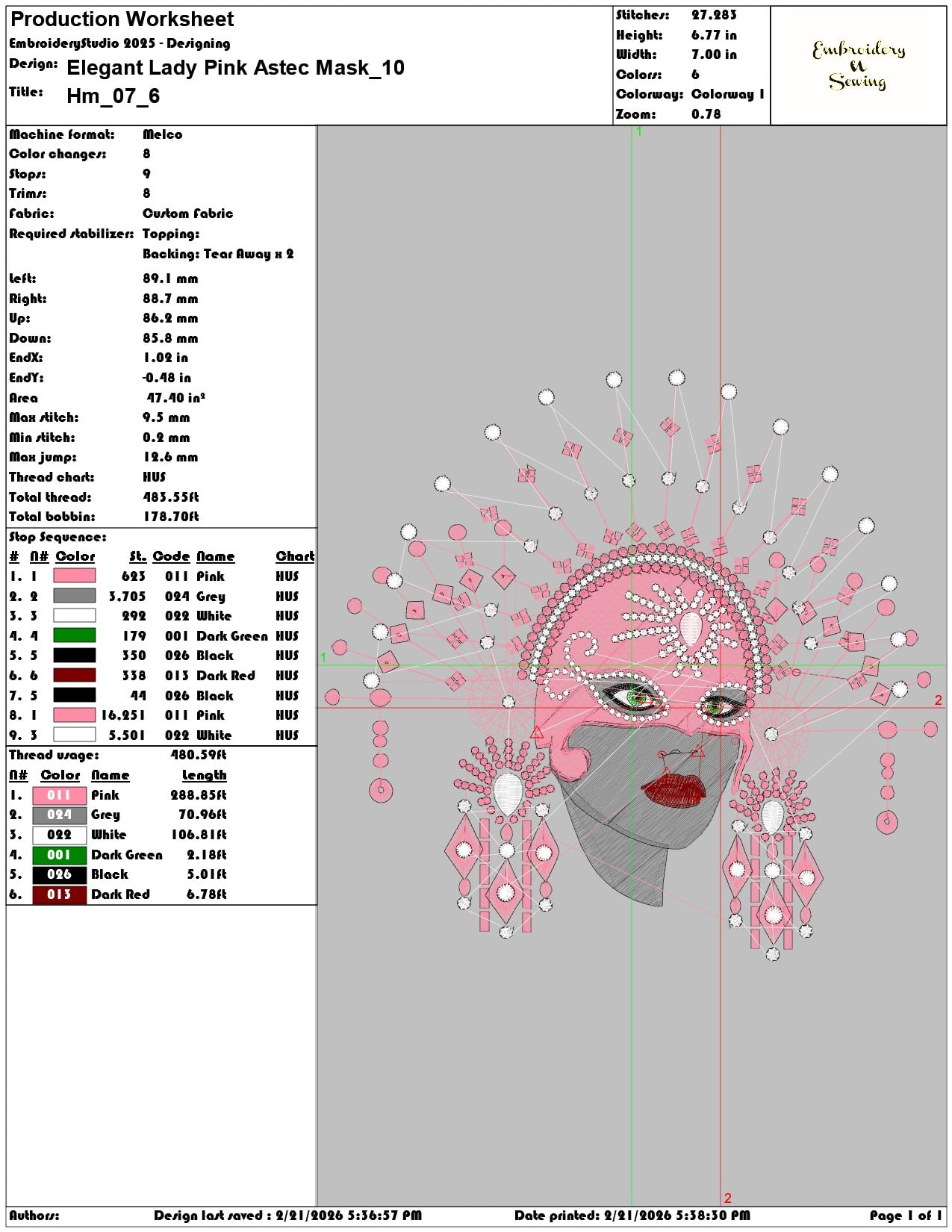 Elegant Lady Pink Astec Mask  - Elegant embroidery design file - instant download — view 3
