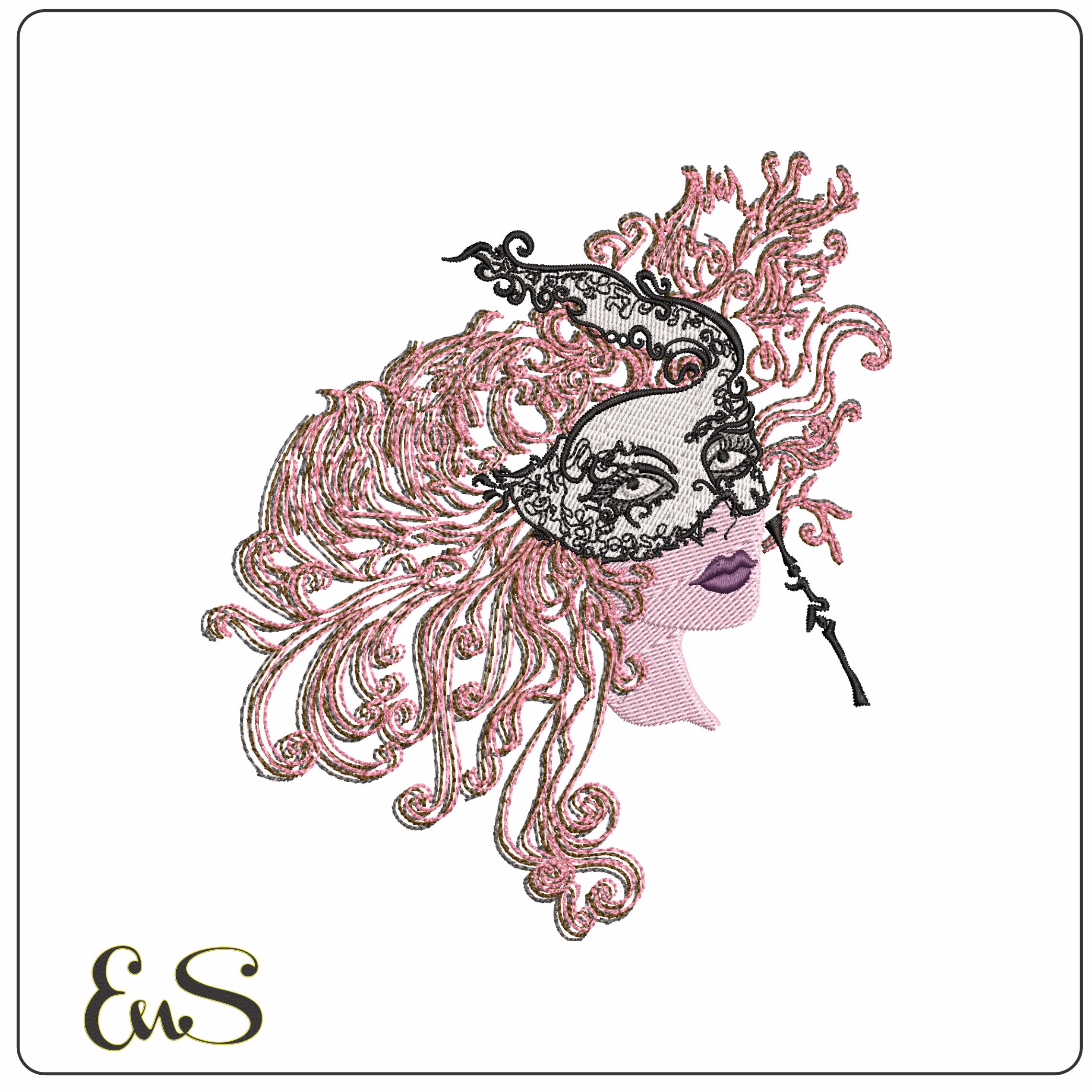 Elegant Lady Pink Feathers Mask  - Elegant embroidery design file - instant download