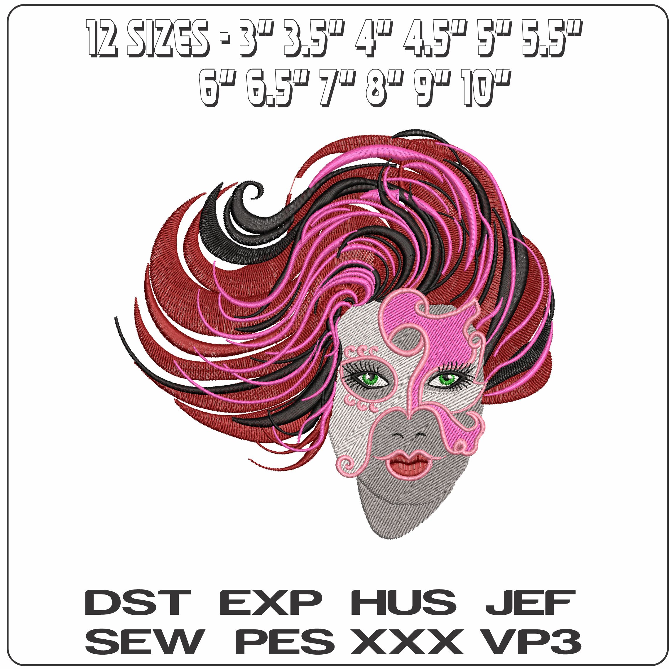 Elegant Lady Pink Red Feather Mask  - Elegant embroidery design file - instant download — view 2
