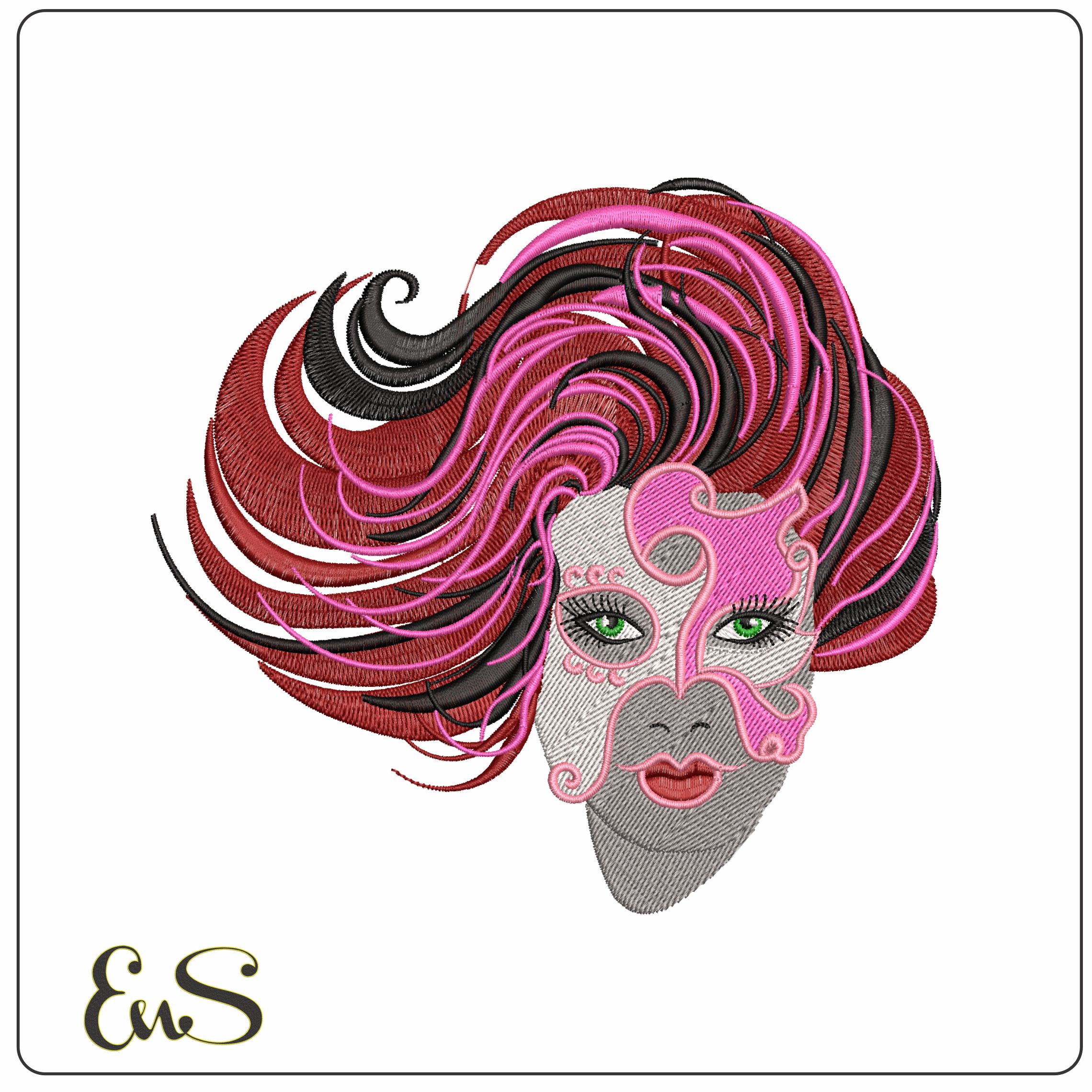Elegant Lady Pink Red Feather Mask  - Elegant embroidery design file - instant download