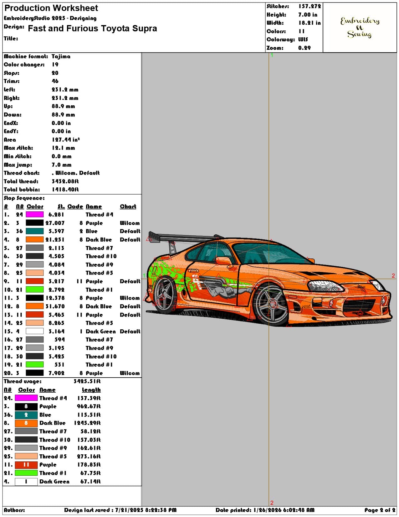 Fast and Furious Toyota Supra  - Elegant embroidery design file - instant download — view 4