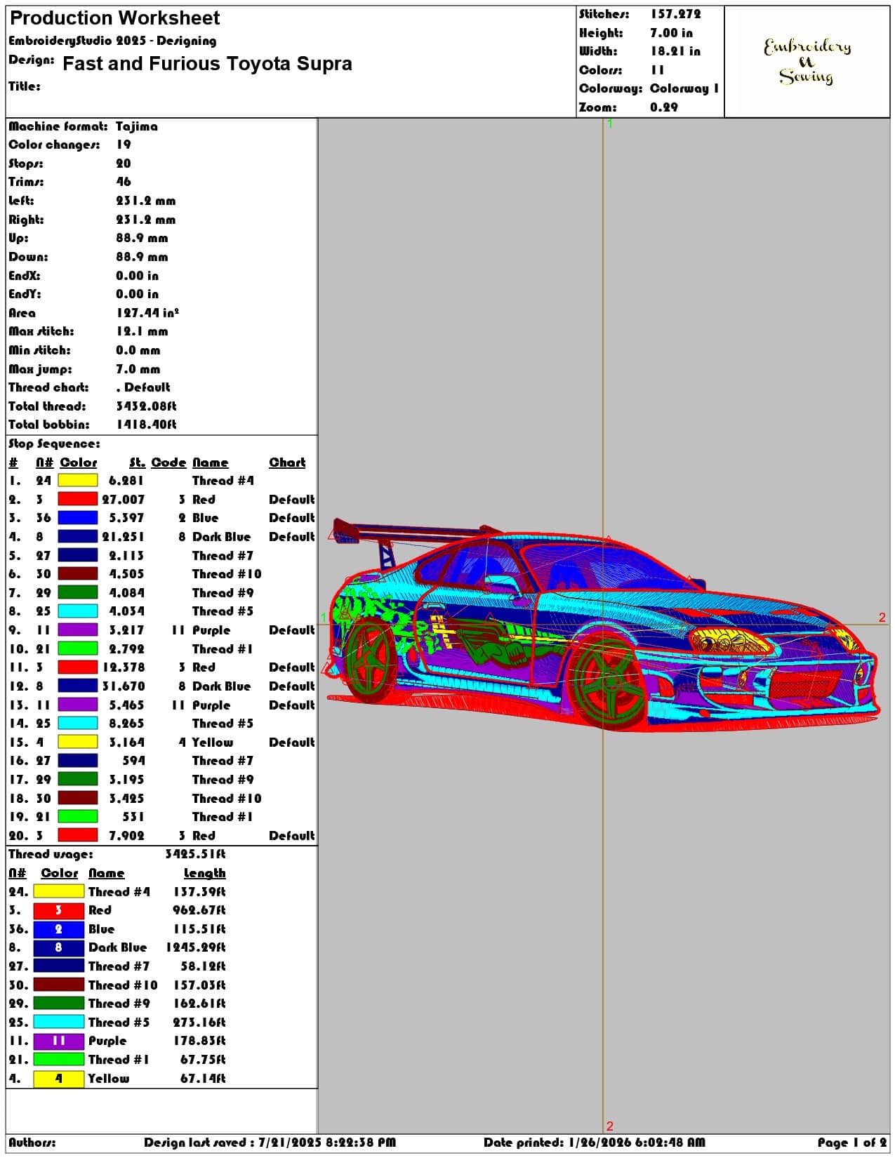 Fast and Furious Toyota Supra  - Elegant embroidery design file - instant download — view 3