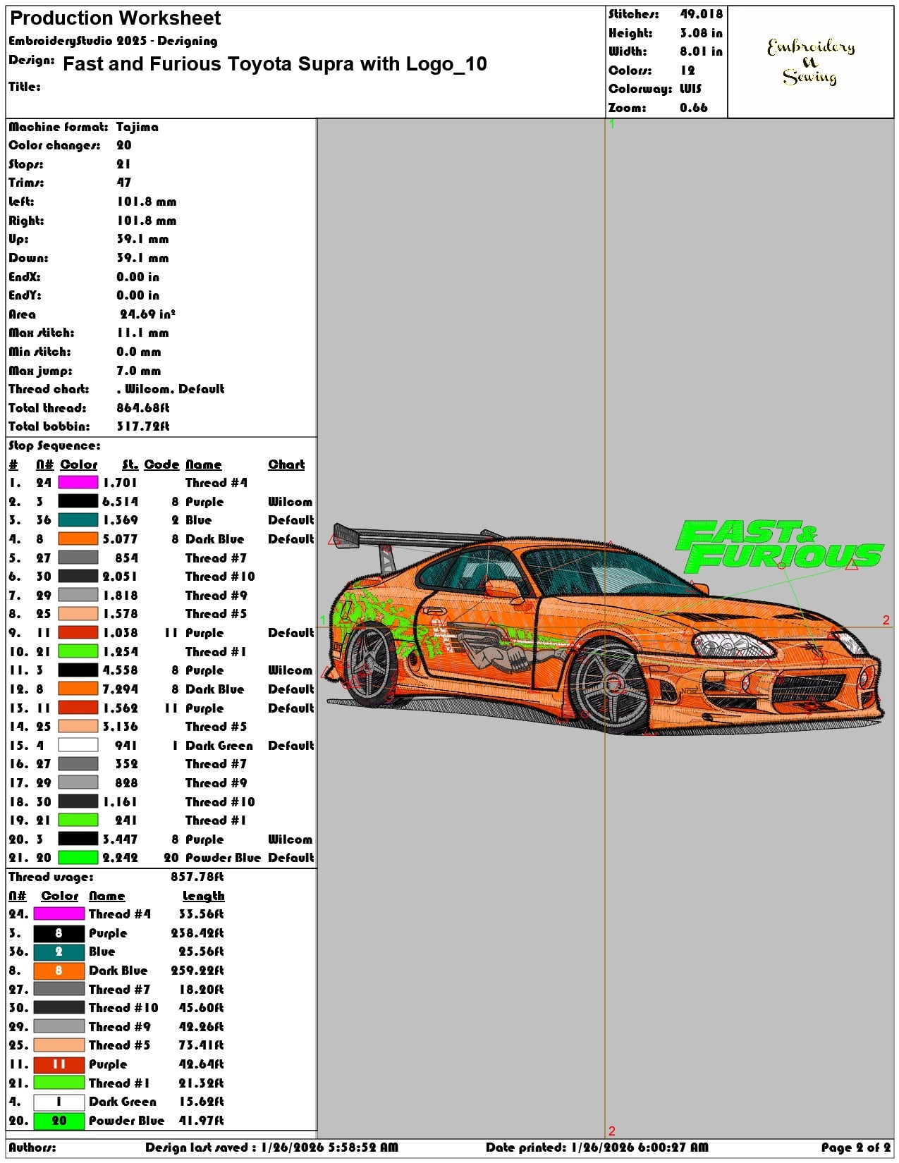 Fast and Furious Toyota Supra with Logo  - Elegant embroidery design file - instant download — view 4