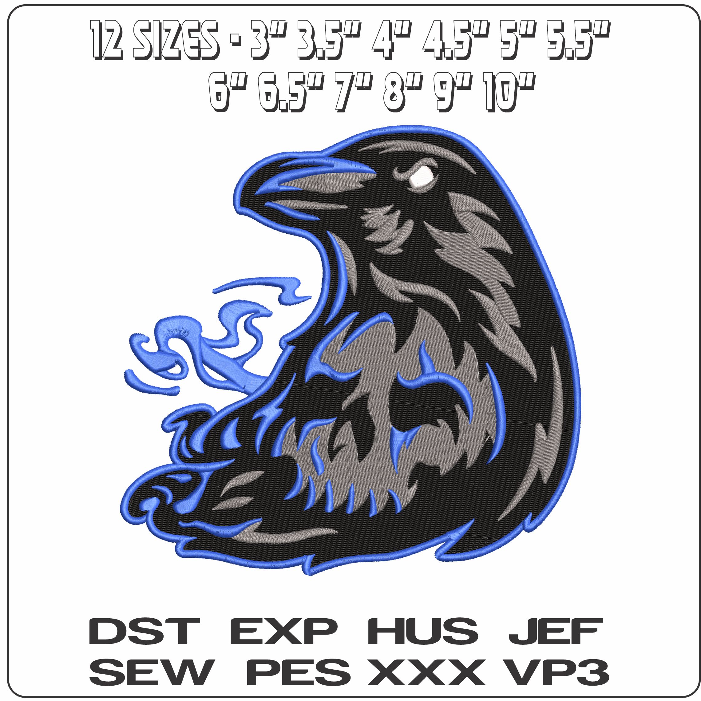 Fierce Blue Raven in Mist  - Elegant embroidery design file - instant download — view 2