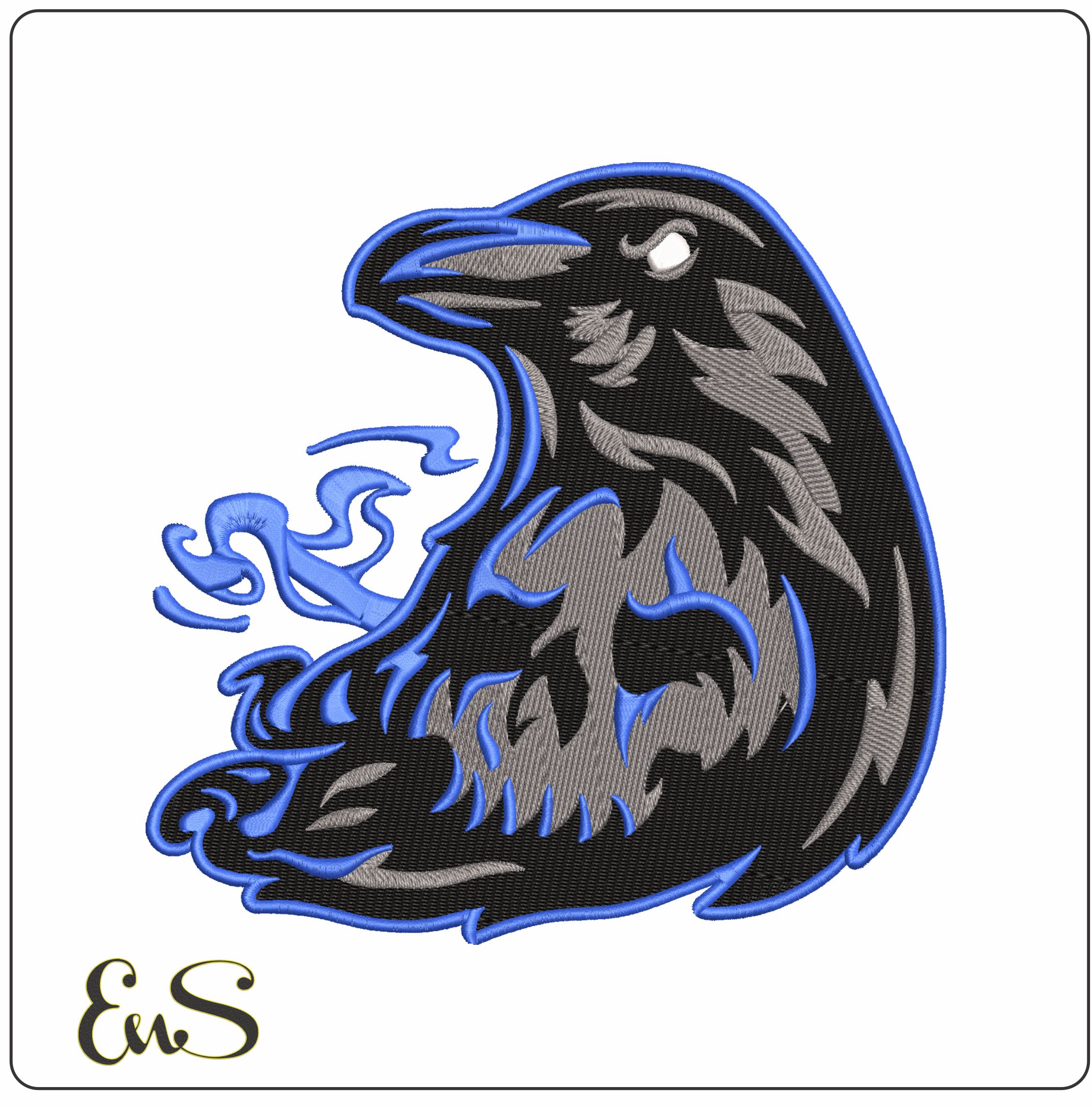 Fierce Blue Raven in Mist  - Elegant embroidery design file - instant download