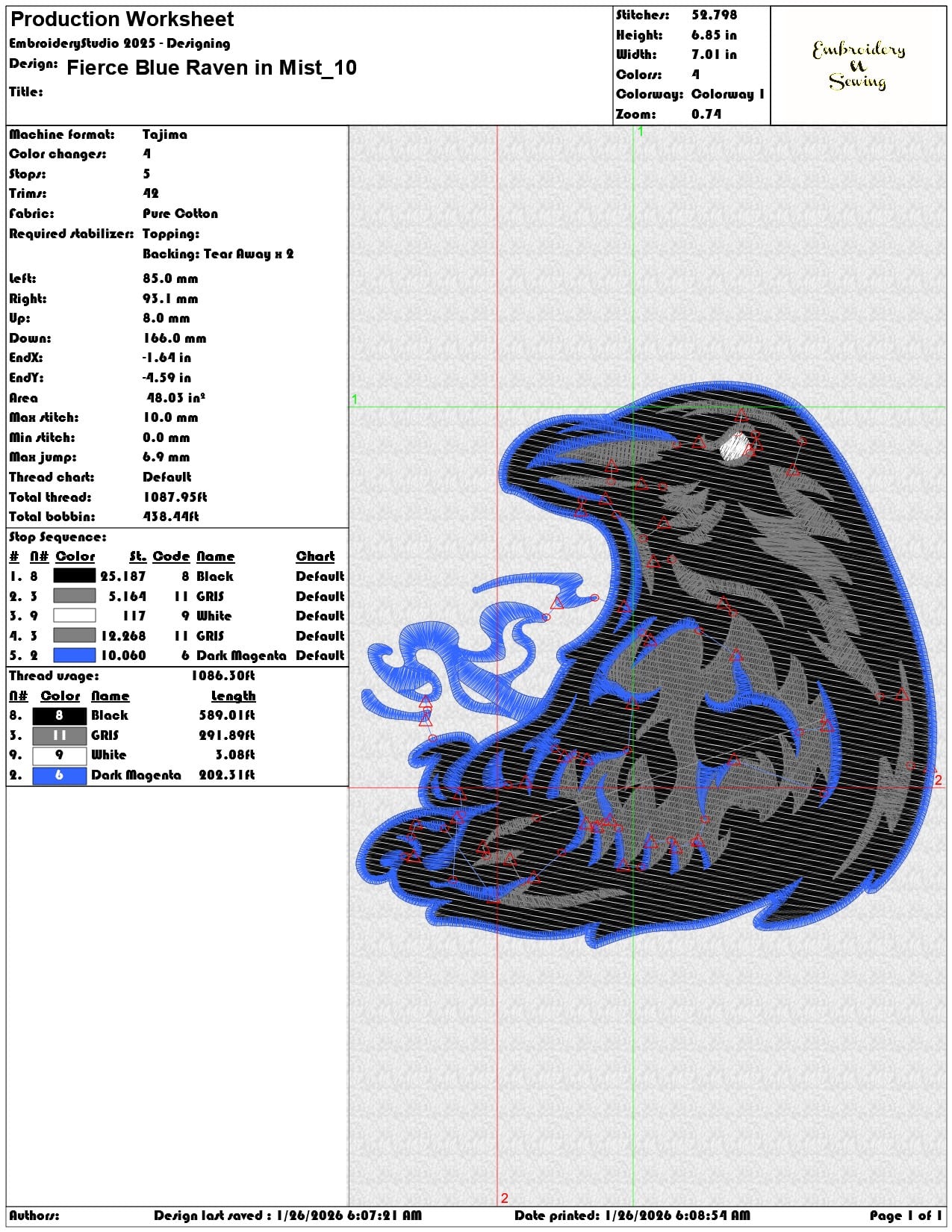 Fierce Blue Raven in Mist  - Elegant embroidery design file - instant download — view 3