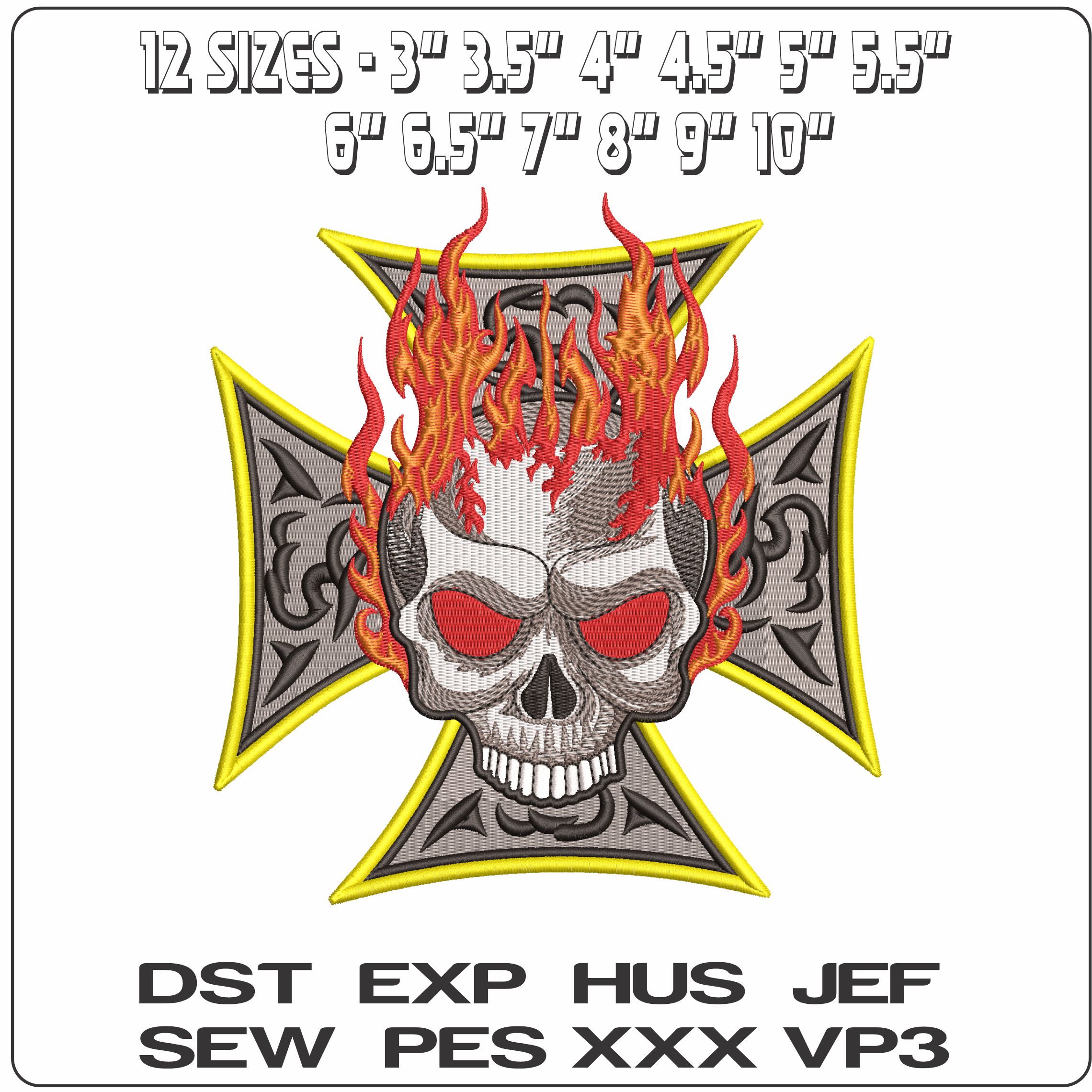 Flaming Skull in Cross  - Elegant embroidery design file - instant download — view 2