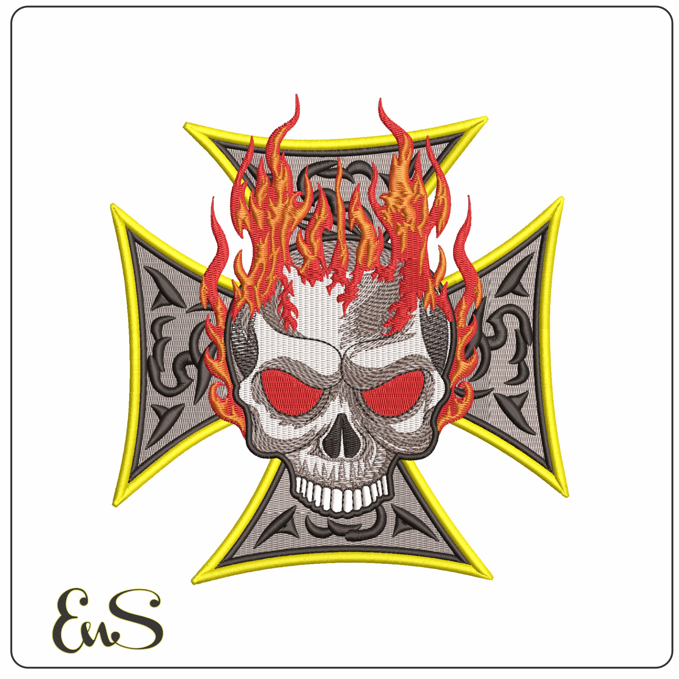 Flaming Skull in Cross  - Elegant embroidery design file - instant download