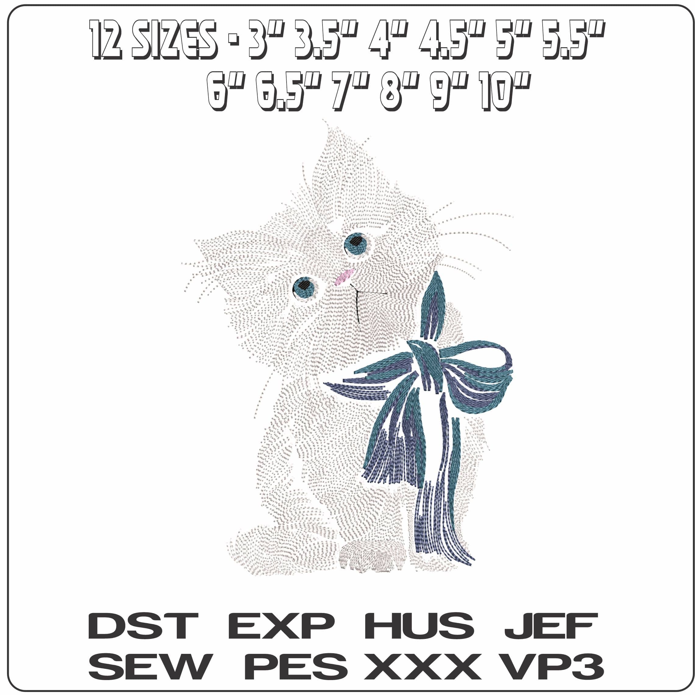 Fluffy Cat with Bow  - Elegant embroidery design file - instant download — view 2