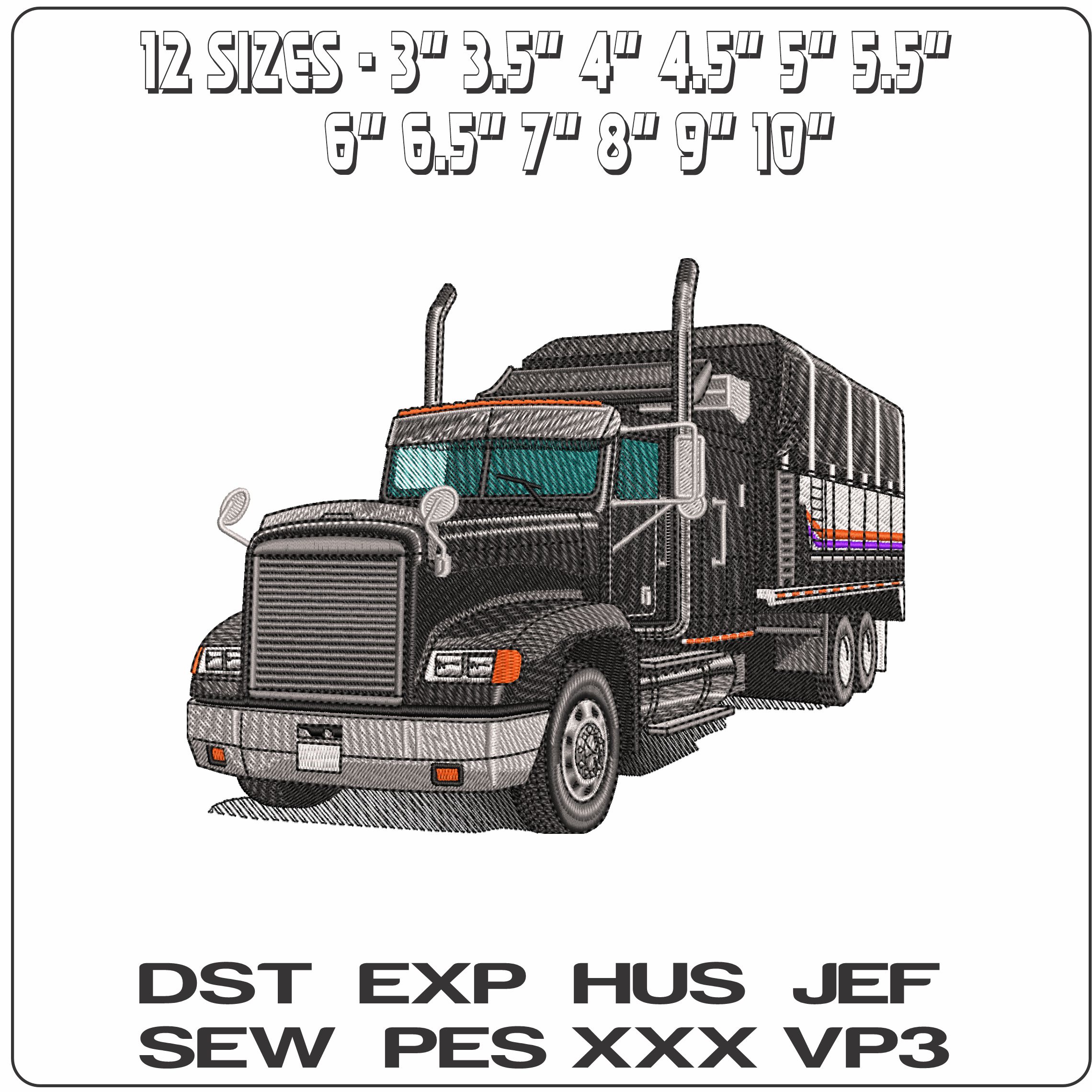Freightliner Truck Black with Trailer   - Elegant embroidery design file - instant download — view 2