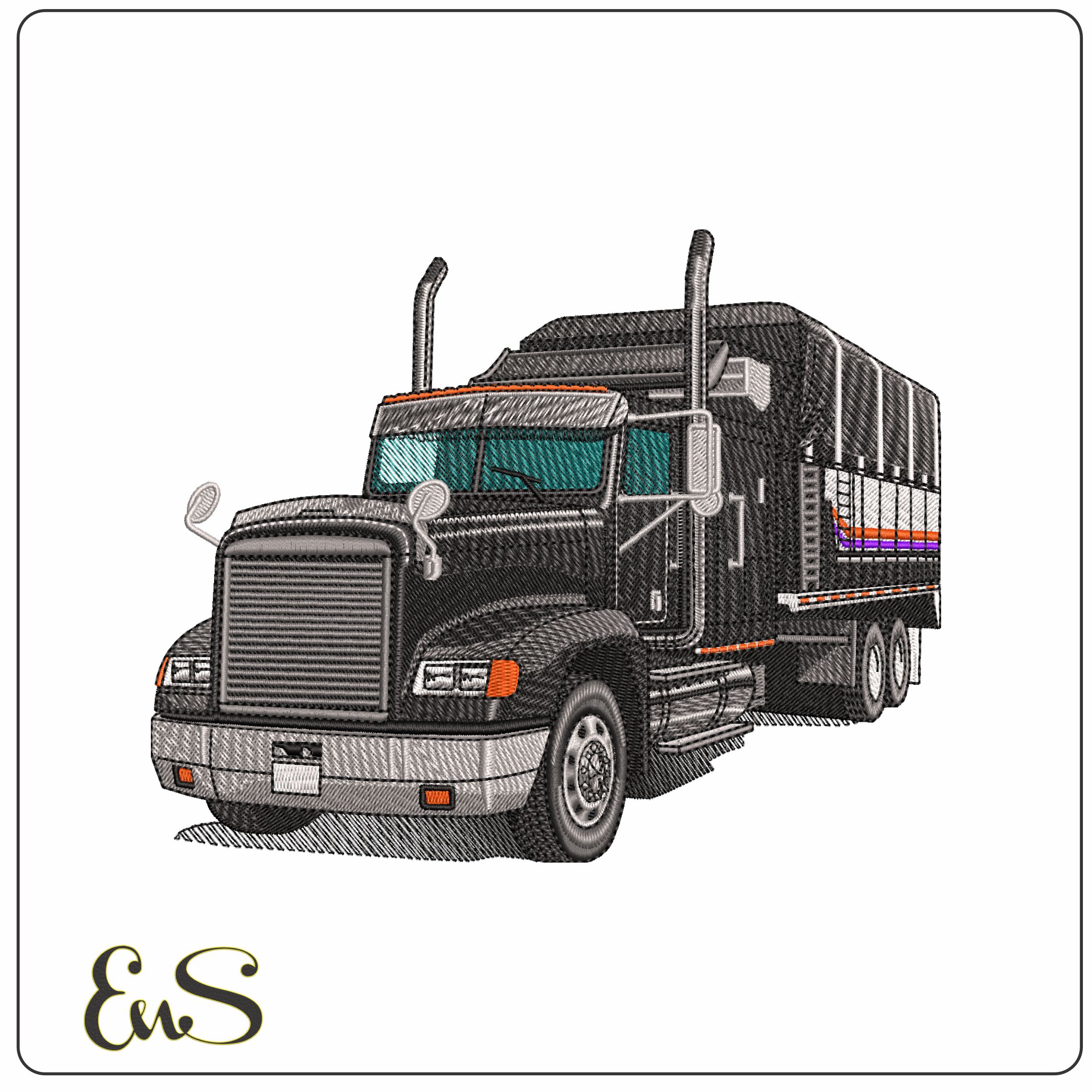 Freightliner Truck Black with Trailer   - Elegant embroidery design file - instant download