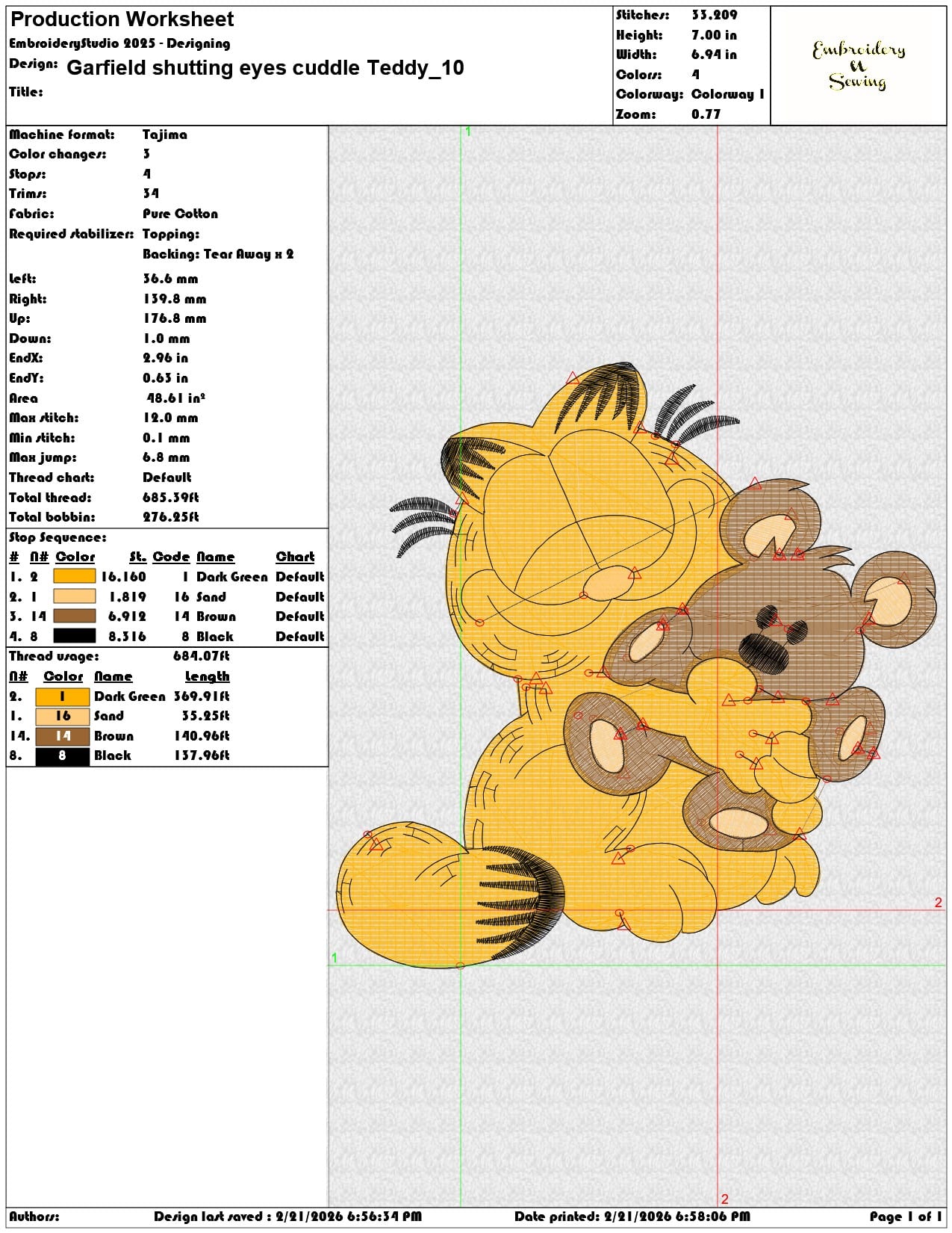 Garfield shutting eyes cuddle Teddy   - Elegant embroidery design file - instant download — view 3