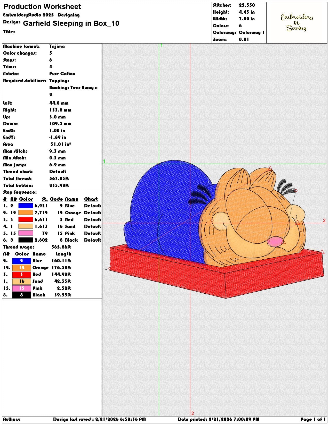 Garfield Sleeping in Box   - Elegant embroidery design file - instant download — view 3