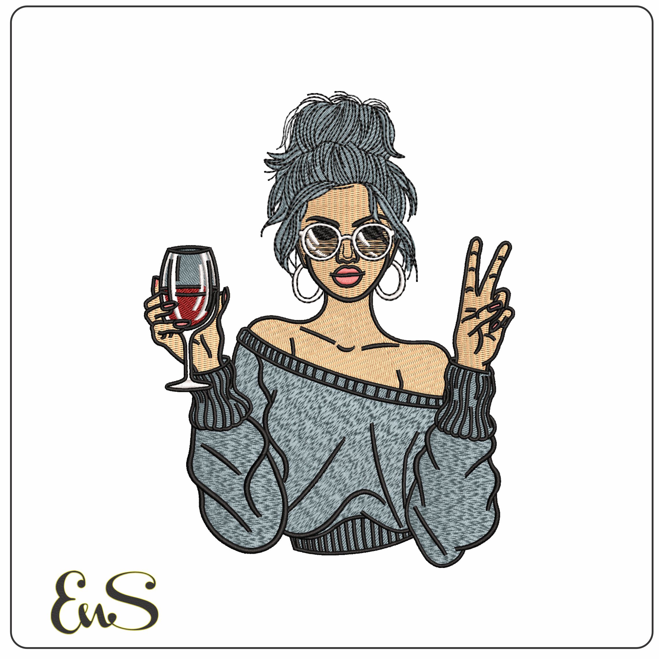 Girl Salute with Red wine   - Elegant embroidery design file - instant download