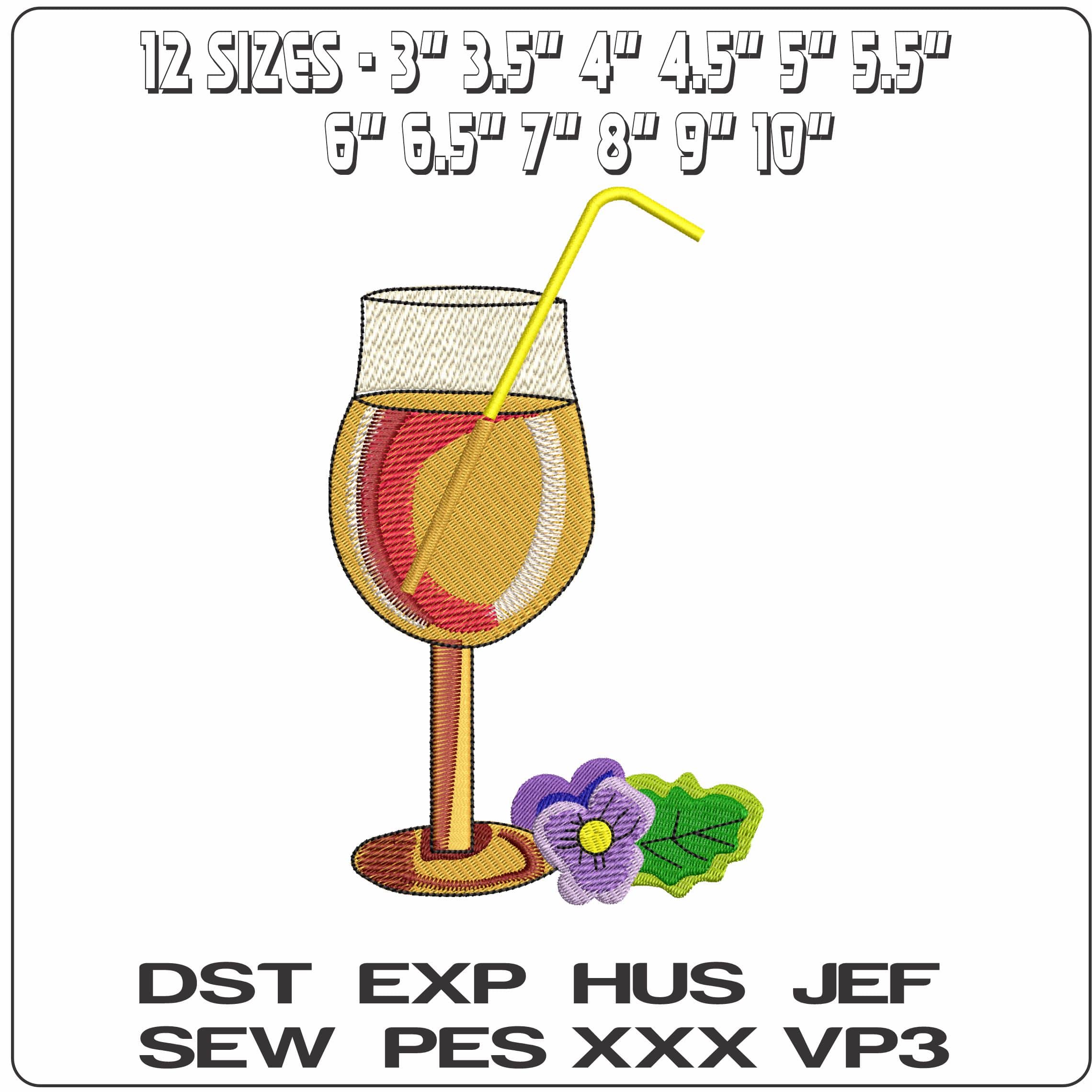 Glass with Cocktail and Straw   - Elegant embroidery design file - instant download — view 2