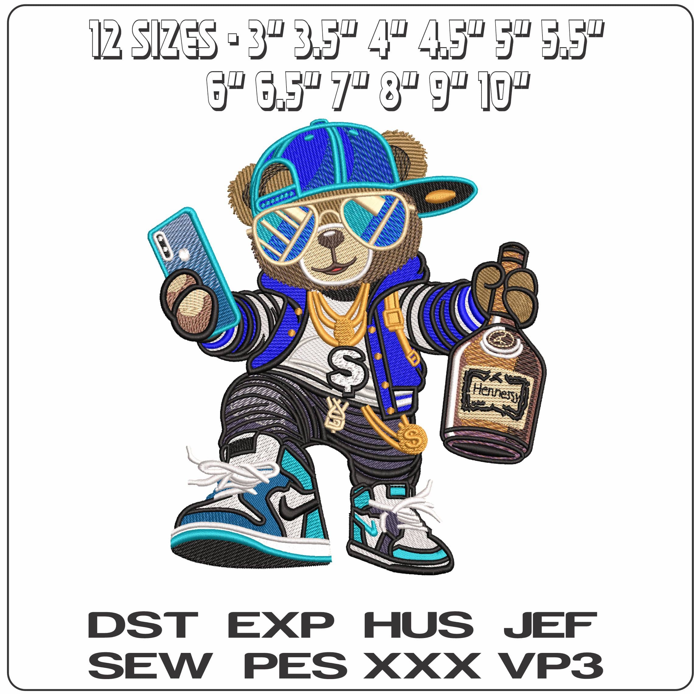 Good Life Hip Hop Bear Phone and Hennesey   - Elegant embroidery design file - instant download — view 2