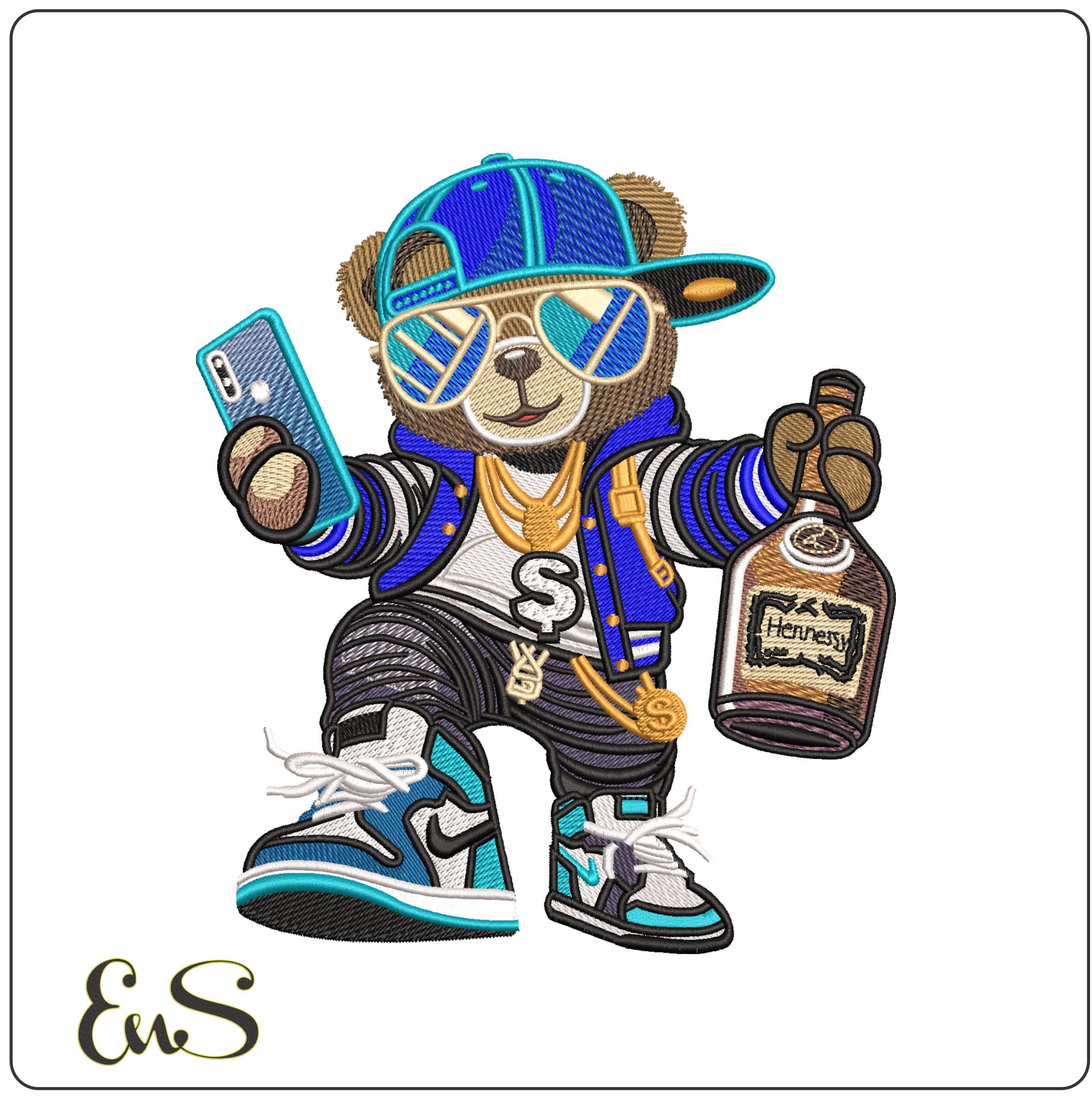 Good Life Hip Hop Bear Phone and Hennesey   - Elegant embroidery design file - instant download