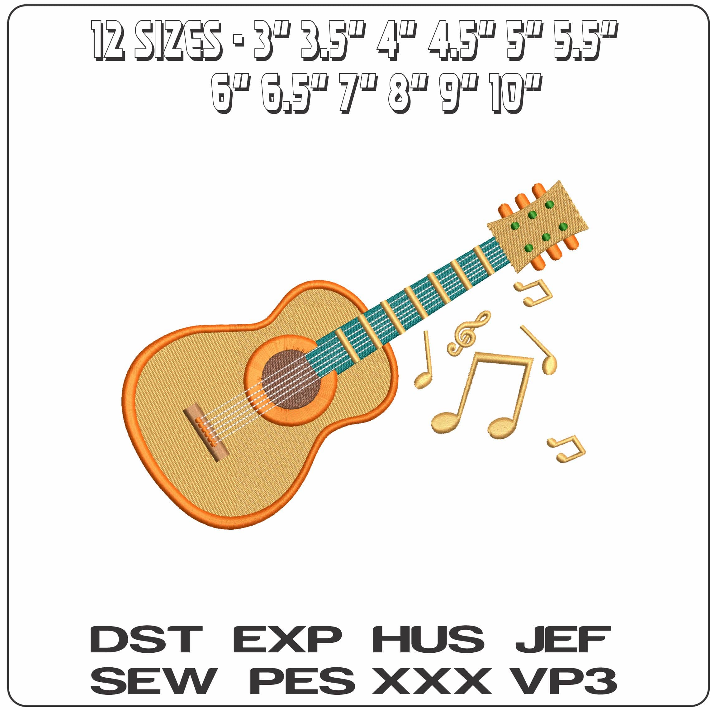Guitar and Music Notes   - Elegant embroidery design file - instant download — view 2