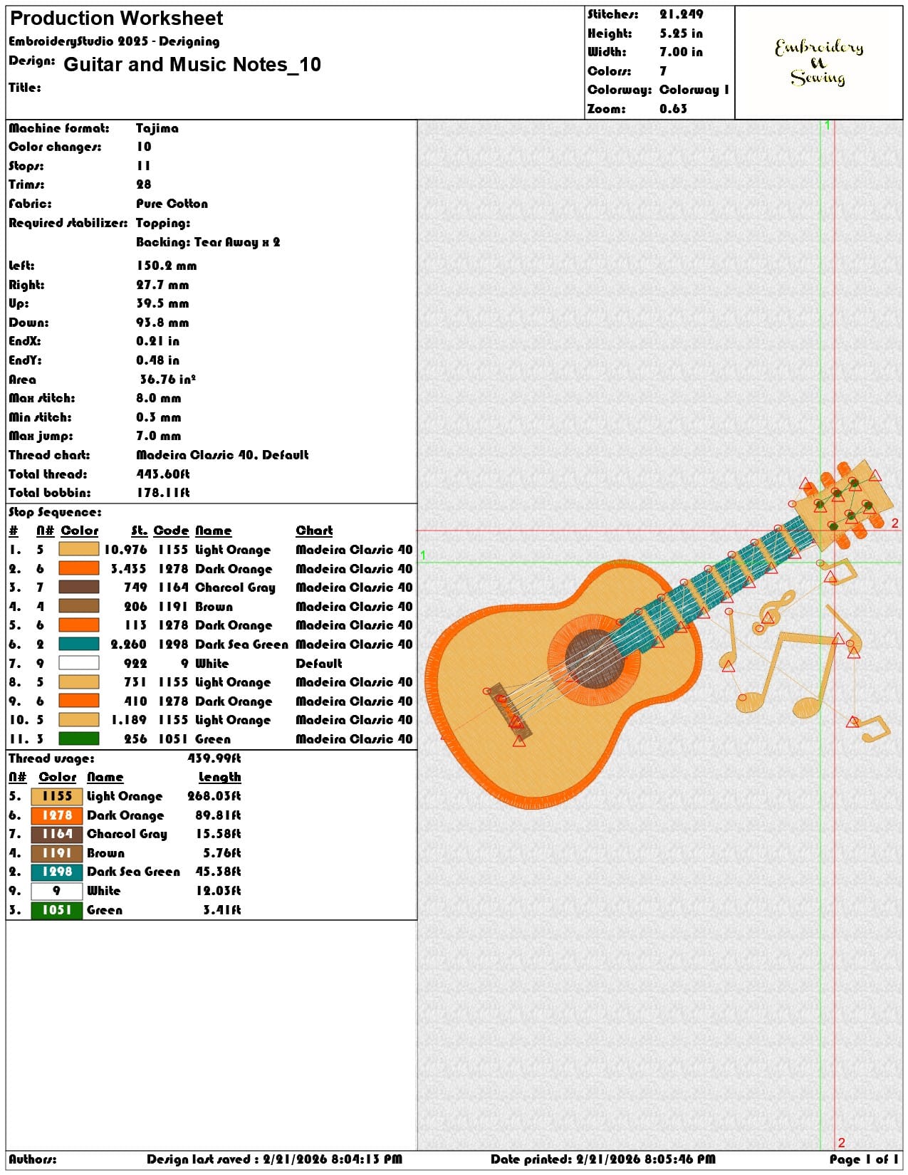 Guitar and Music Notes   - Elegant embroidery design file - instant download — view 3