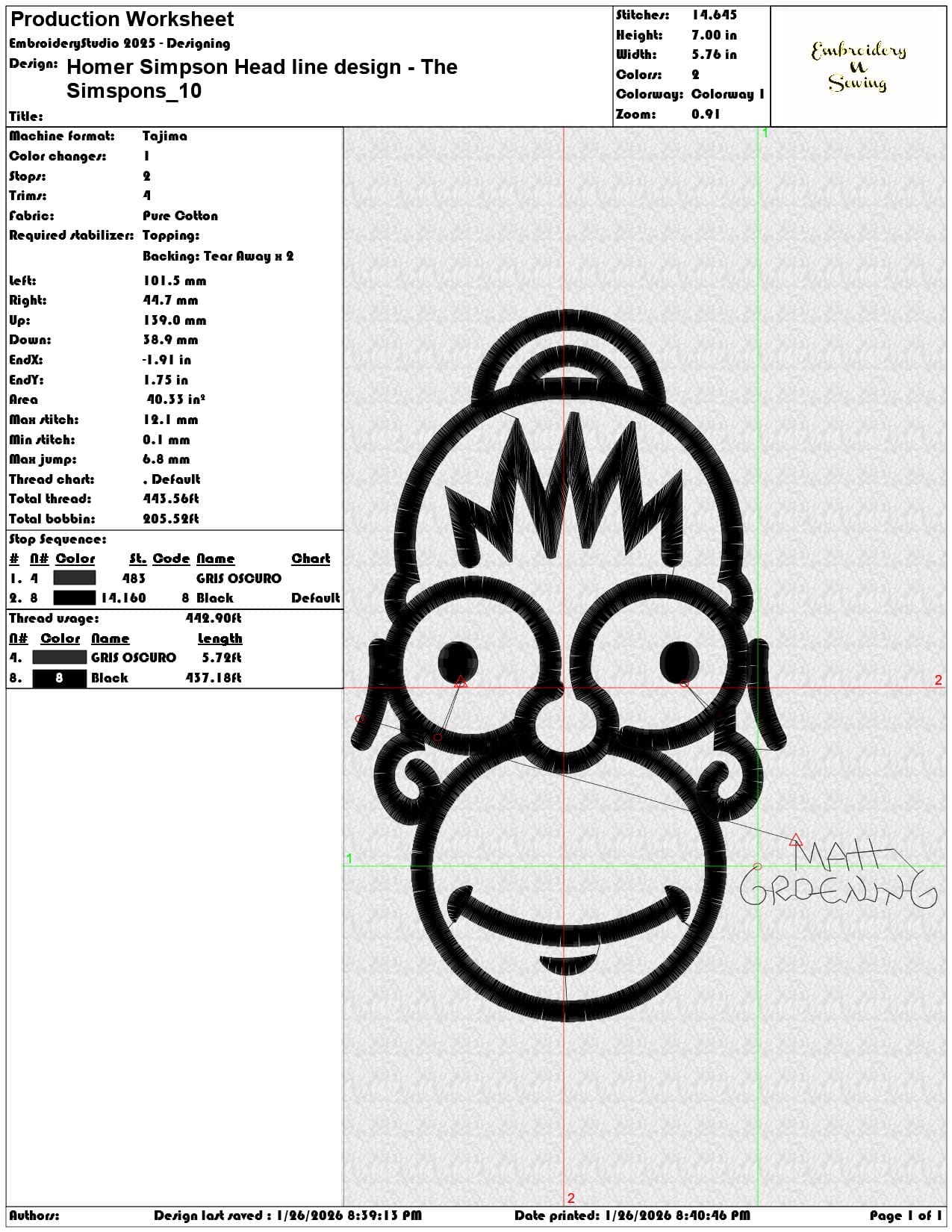 Homer Simpson Head line design The Simspons   - Elegant embroidery design file - instant download — view 3