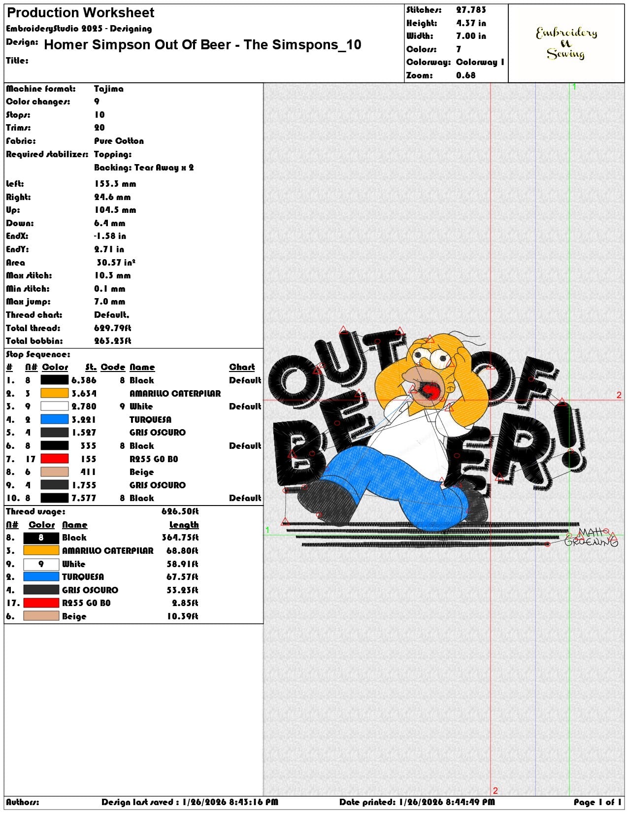Homer Simpson Out Of Beer The Simspons   - Elegant embroidery design file - instant download — view 3