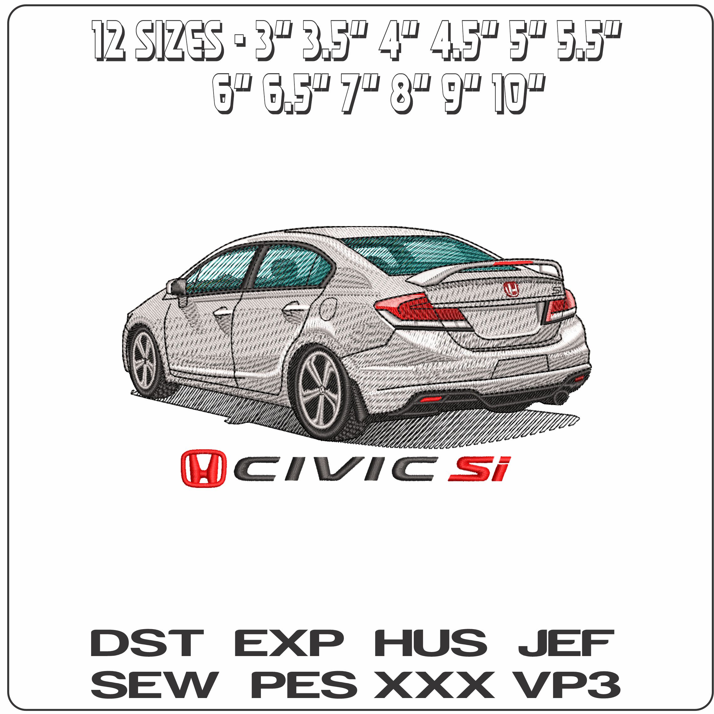 Honda Civic Si with Logo   - Elegant embroidery design file - instant download — view 2