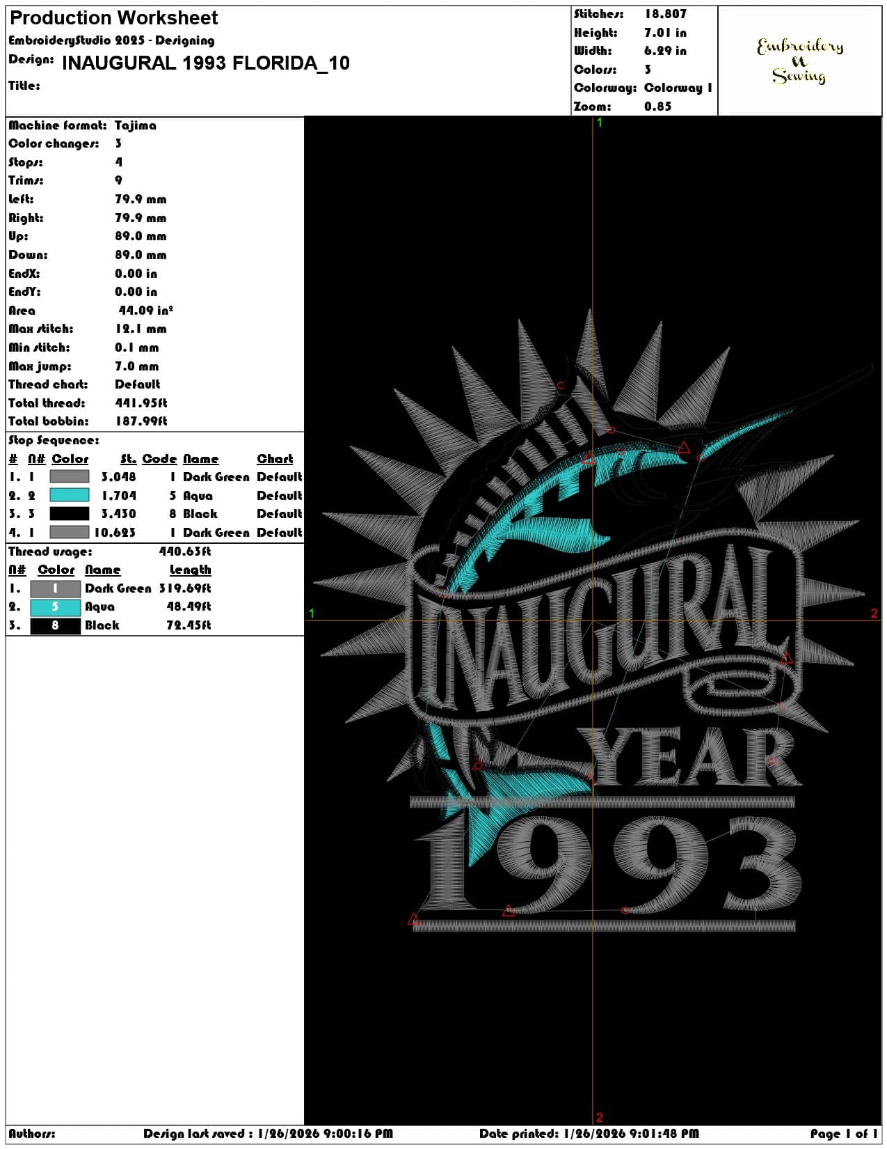 NAUGURAL 1993 FLORIDA   - Elegant embroidery design file - instant download — view 3