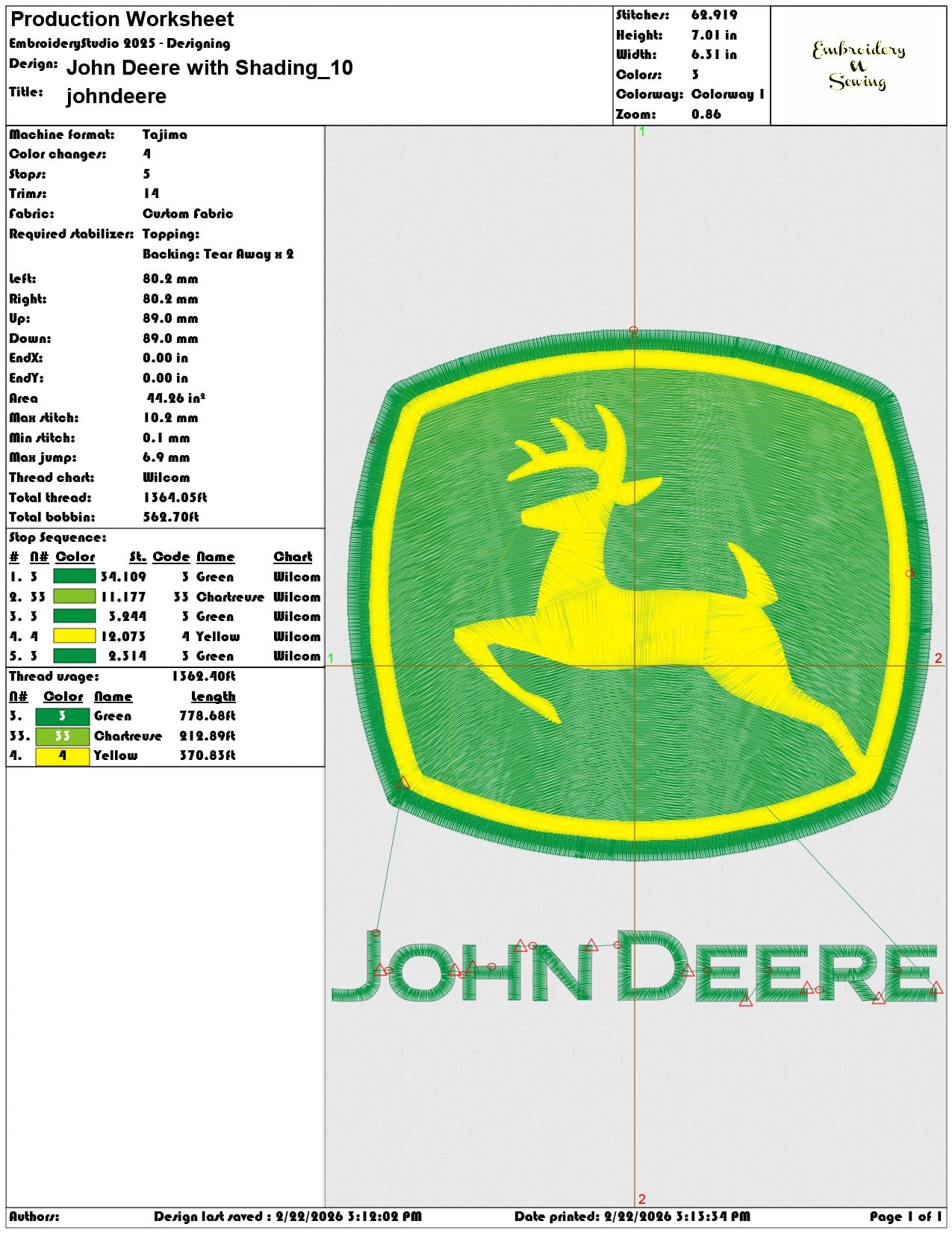 John Deere with Shading   - Elegant embroidery design file - instant download — view 3