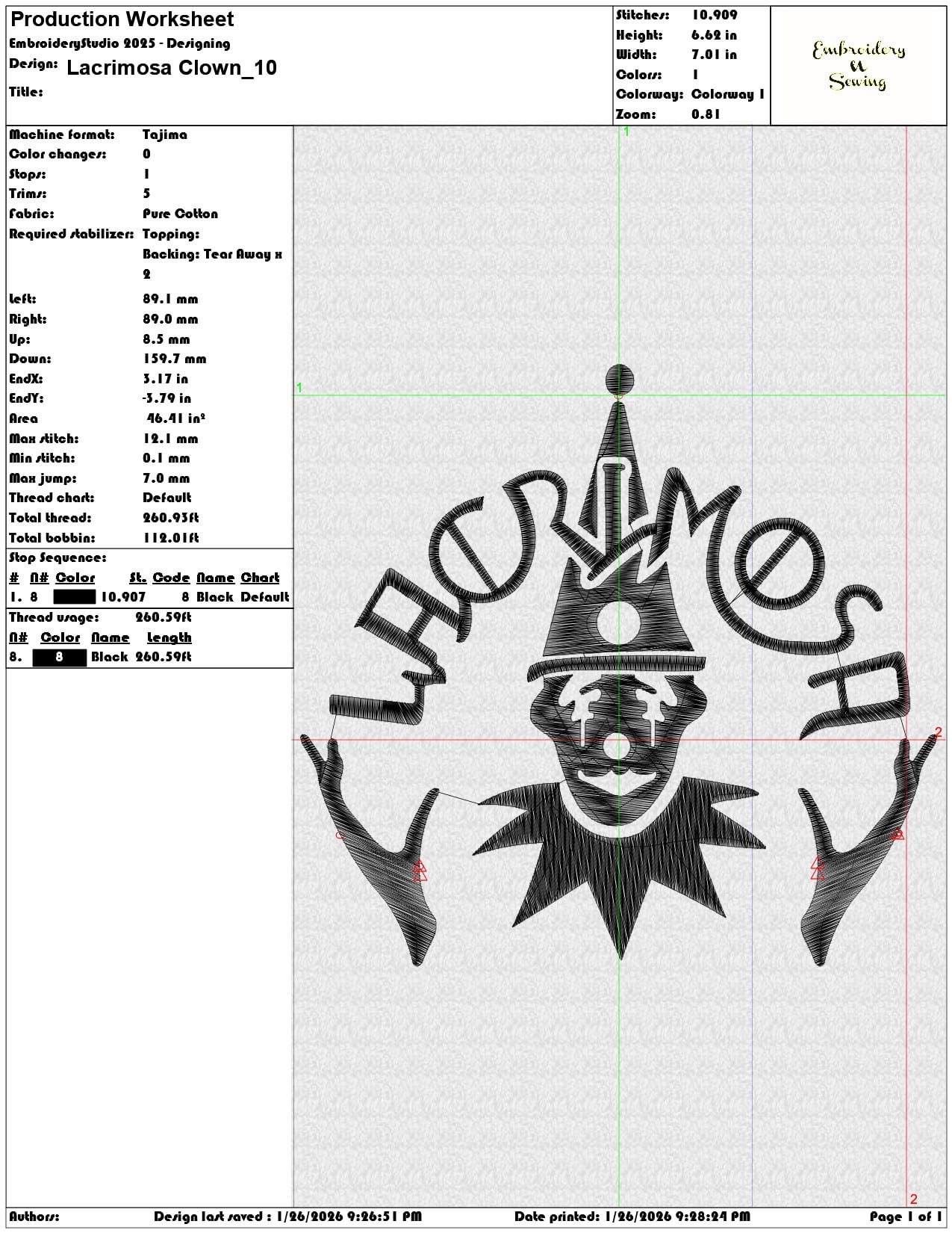 Lacrimosa Clown   - Elegant embroidery design file - instant download — view 3