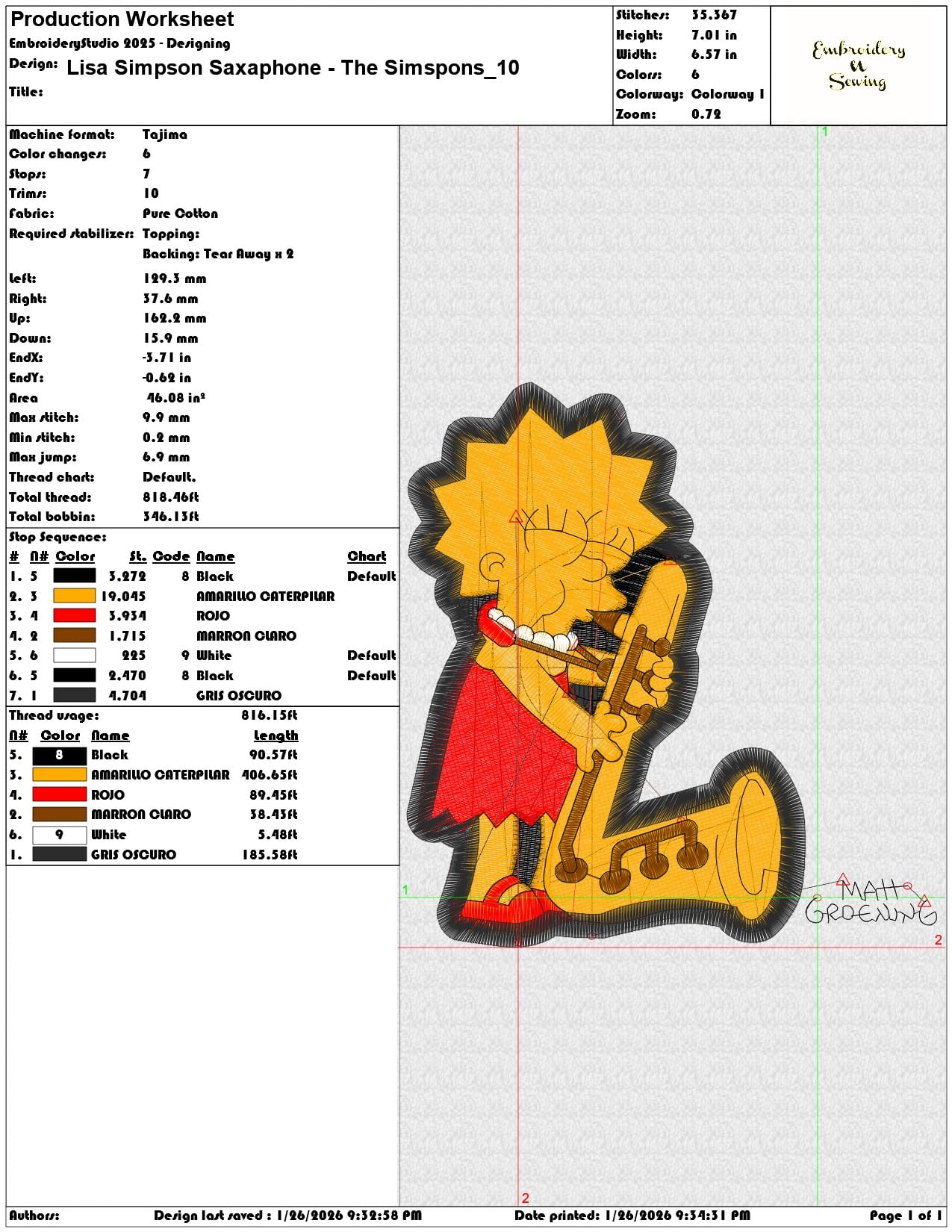 Lisa Simpson Saxaphone The Simspons   - Elegant embroidery design file - instant download — view 3