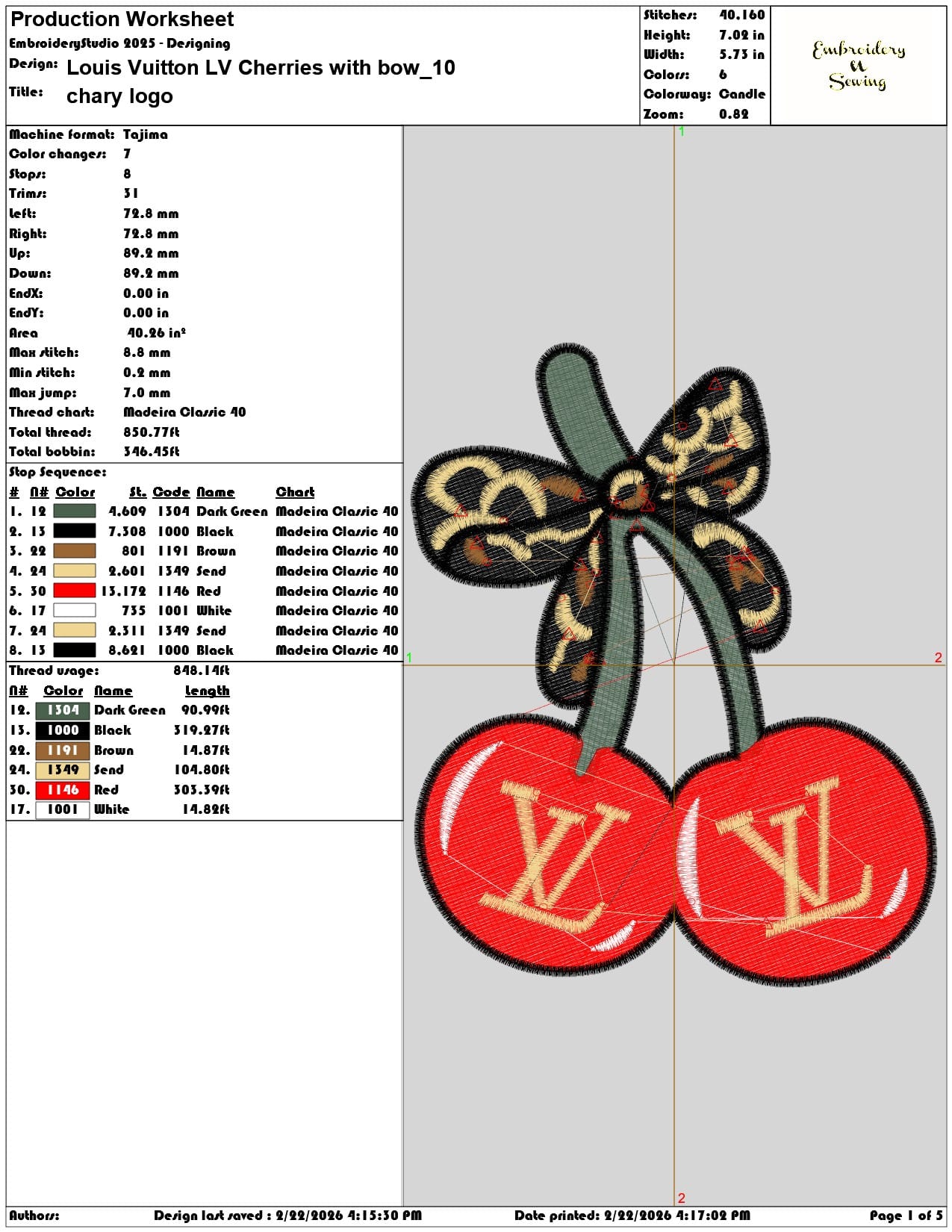 Louis Vuitton LV Cherries with bow   - Elegant embroidery design file - instant download — view 3