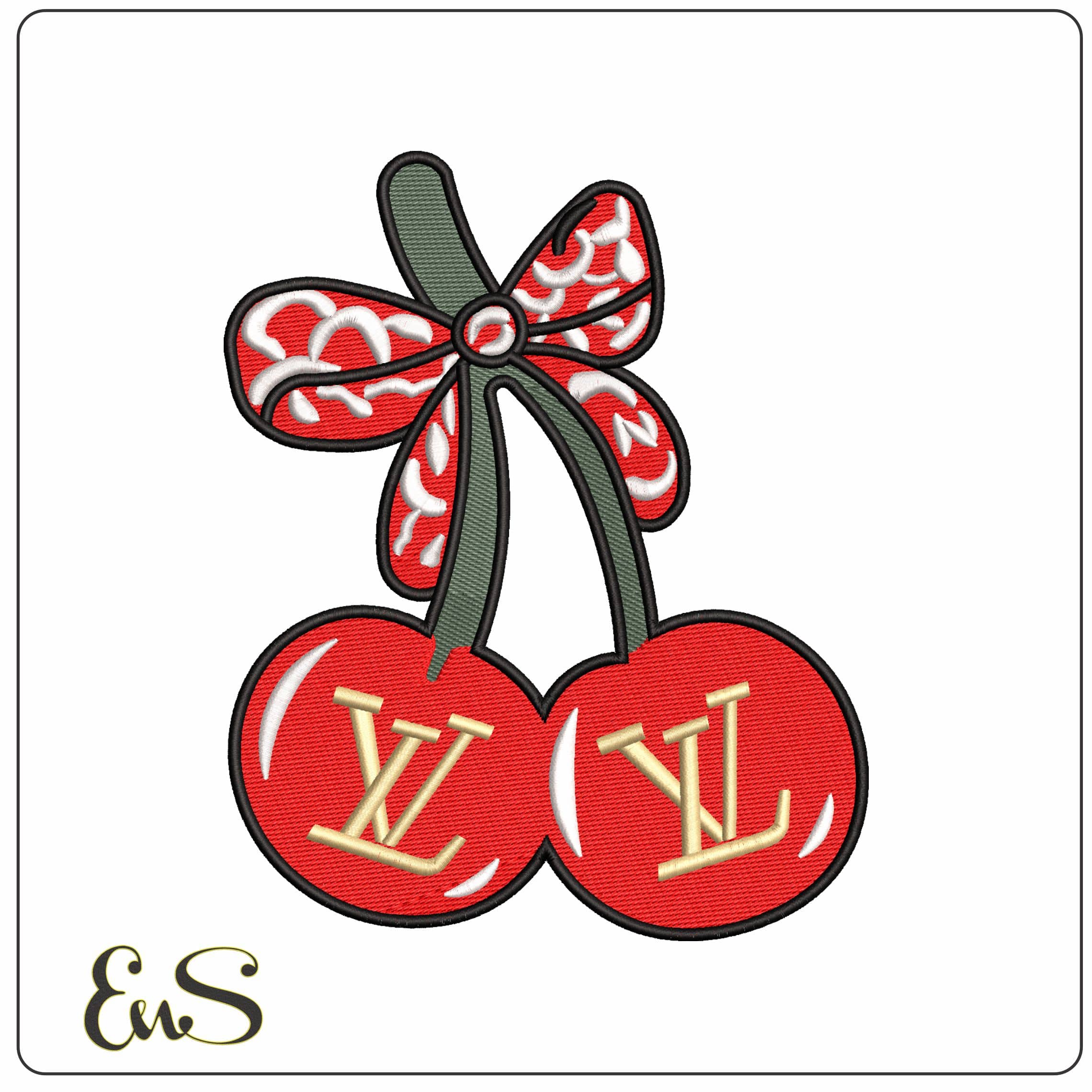 Louis Vuitton LV Cherries with Christmas bow   - Elegant embroidery design file - instant download