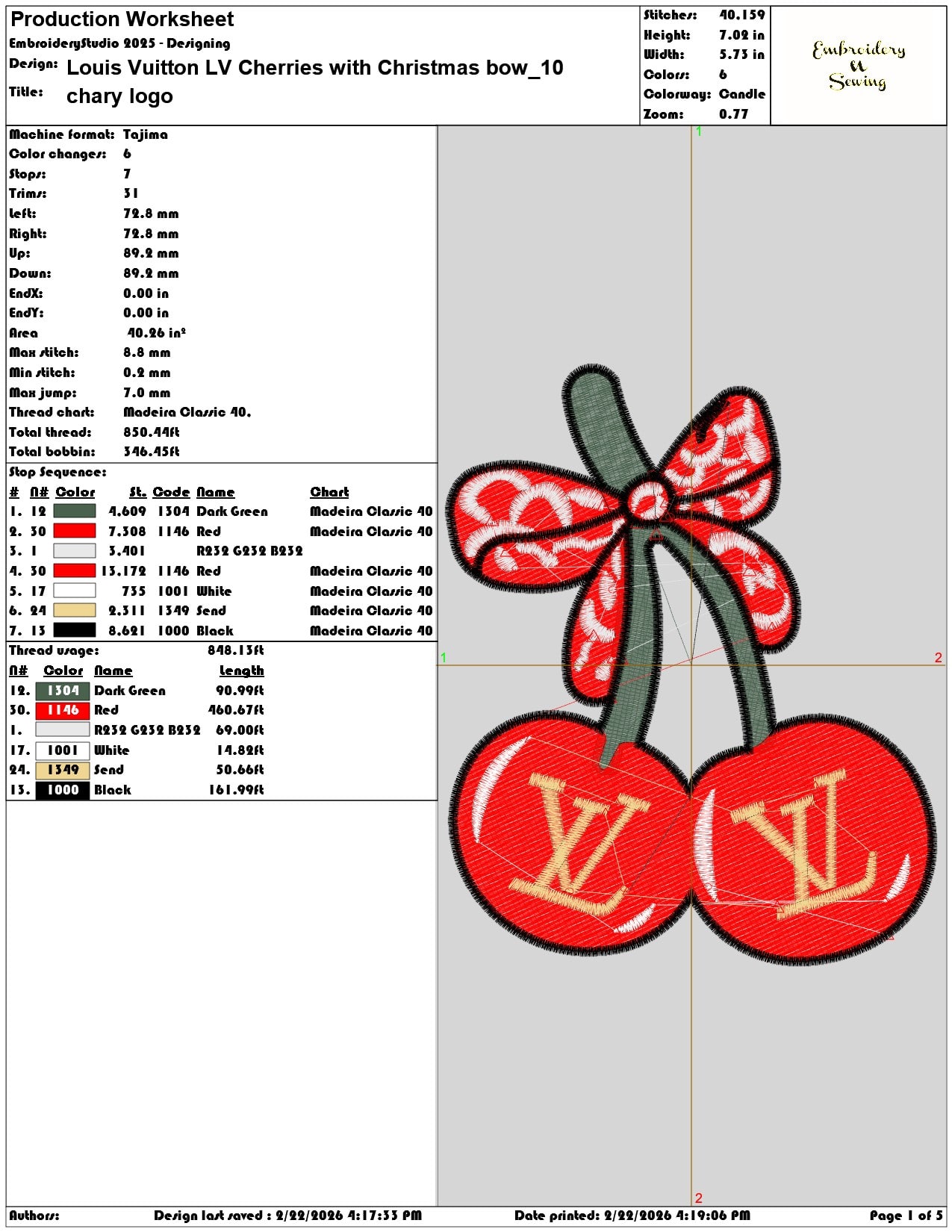 Louis Vuitton LV Cherries with Christmas bow   - Elegant embroidery design file - instant download — view 3