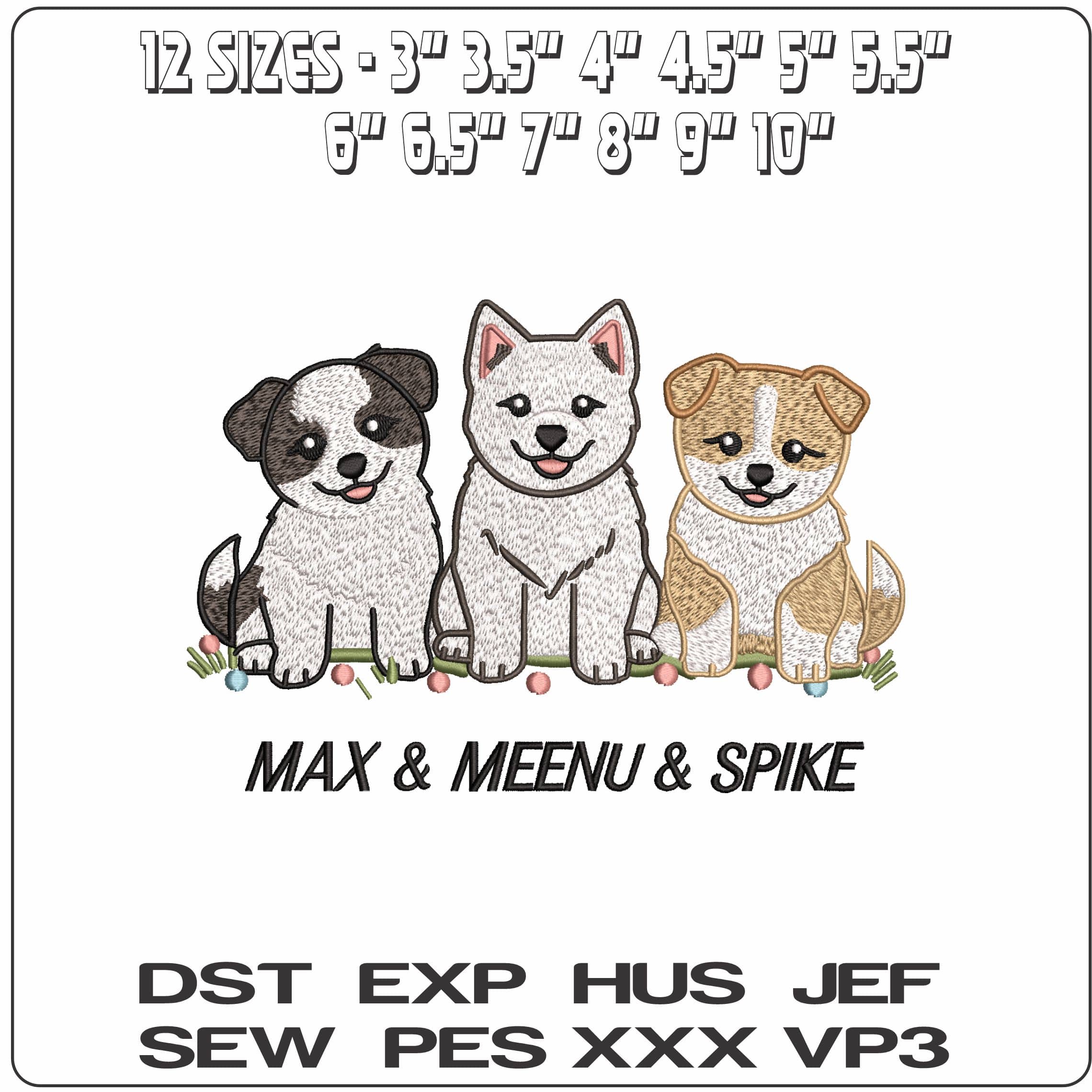 Max Meeno and Spike Puppies with Name  - Elegant embroidery design file - instant download — view 2