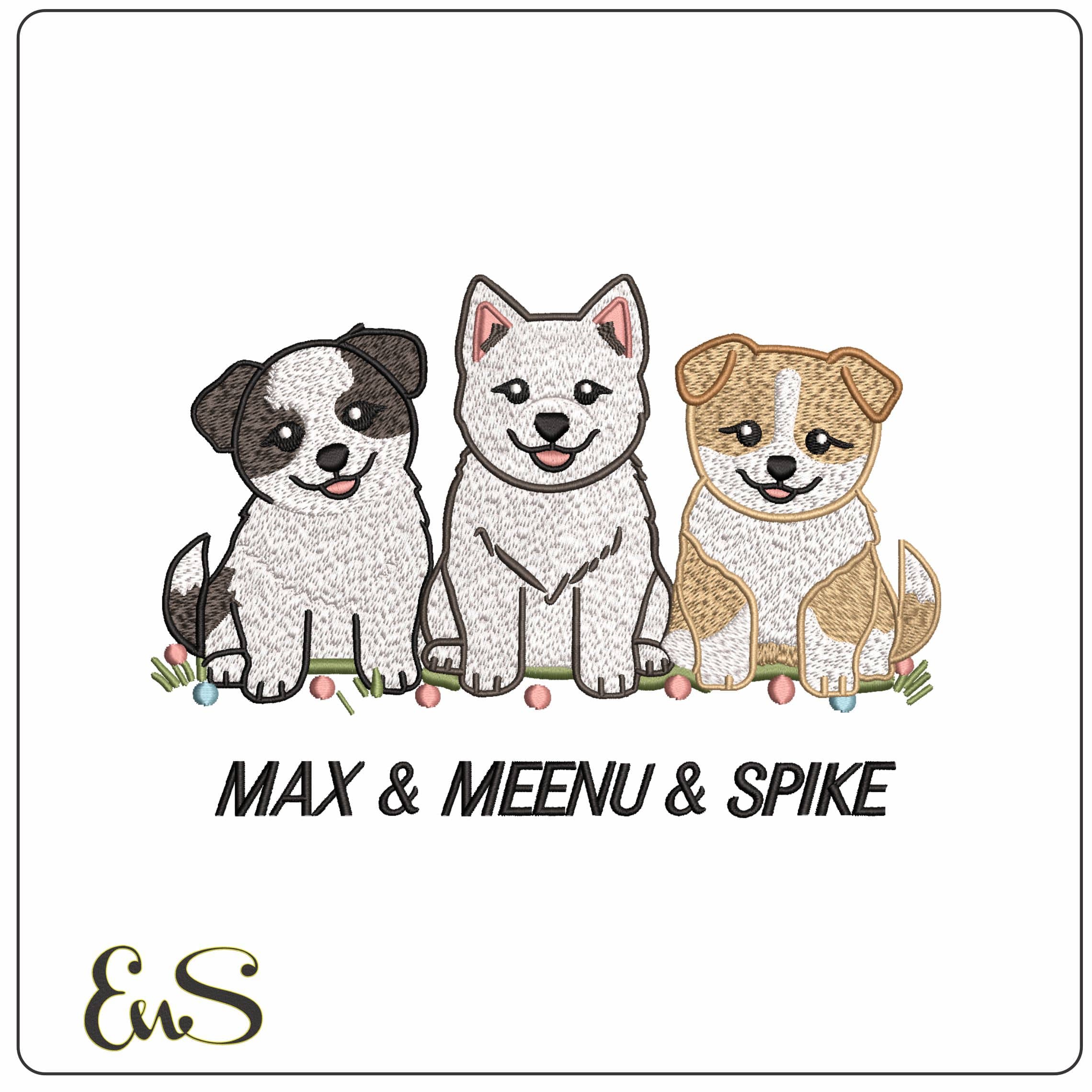 Max Meeno and Spike Puppies with Name  - Elegant embroidery design file - instant download