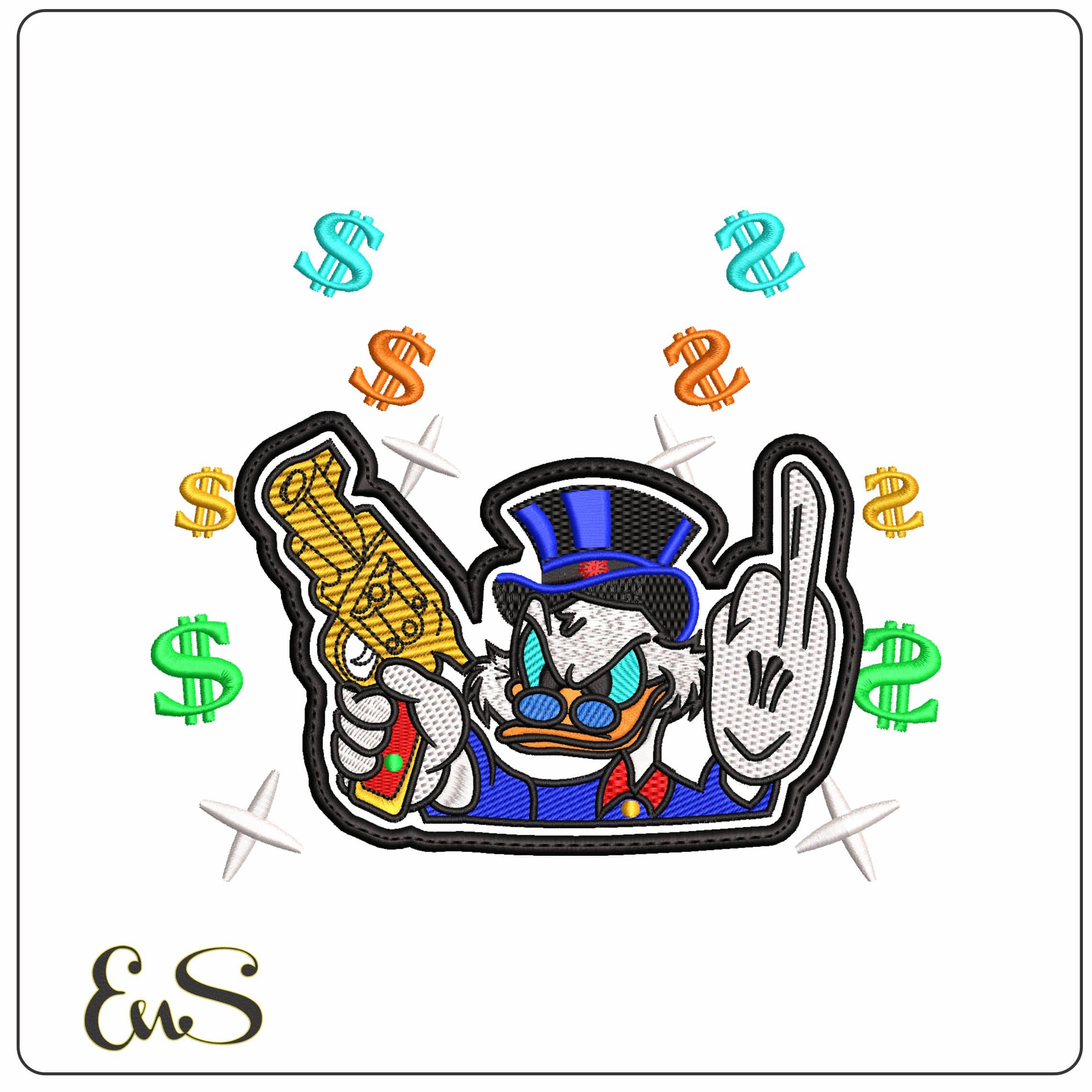 McScrooge with Dollars and Guns  - Elegant embroidery design file - instant download