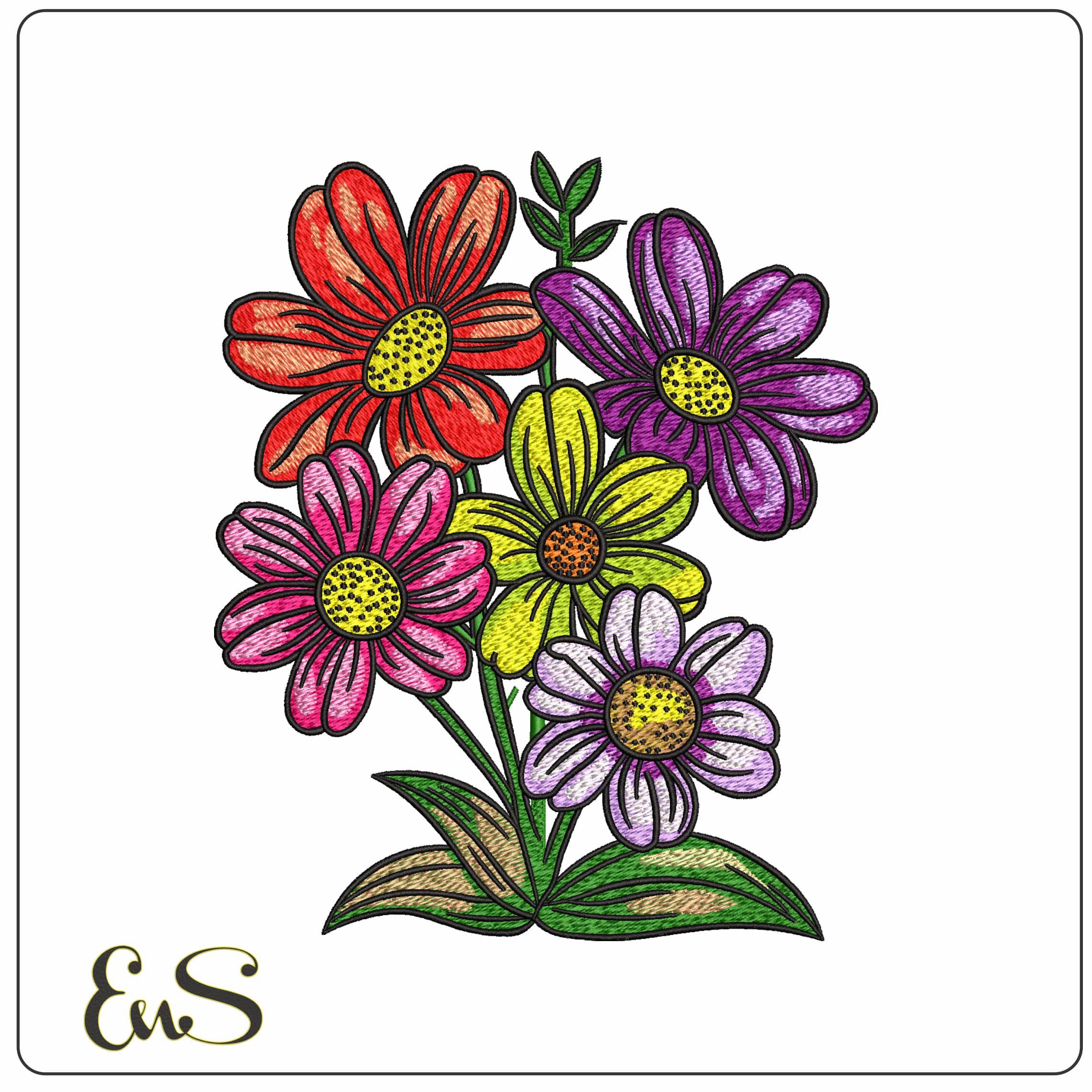 Multicolored Flowers  - Elegant embroidery design file - instant download
