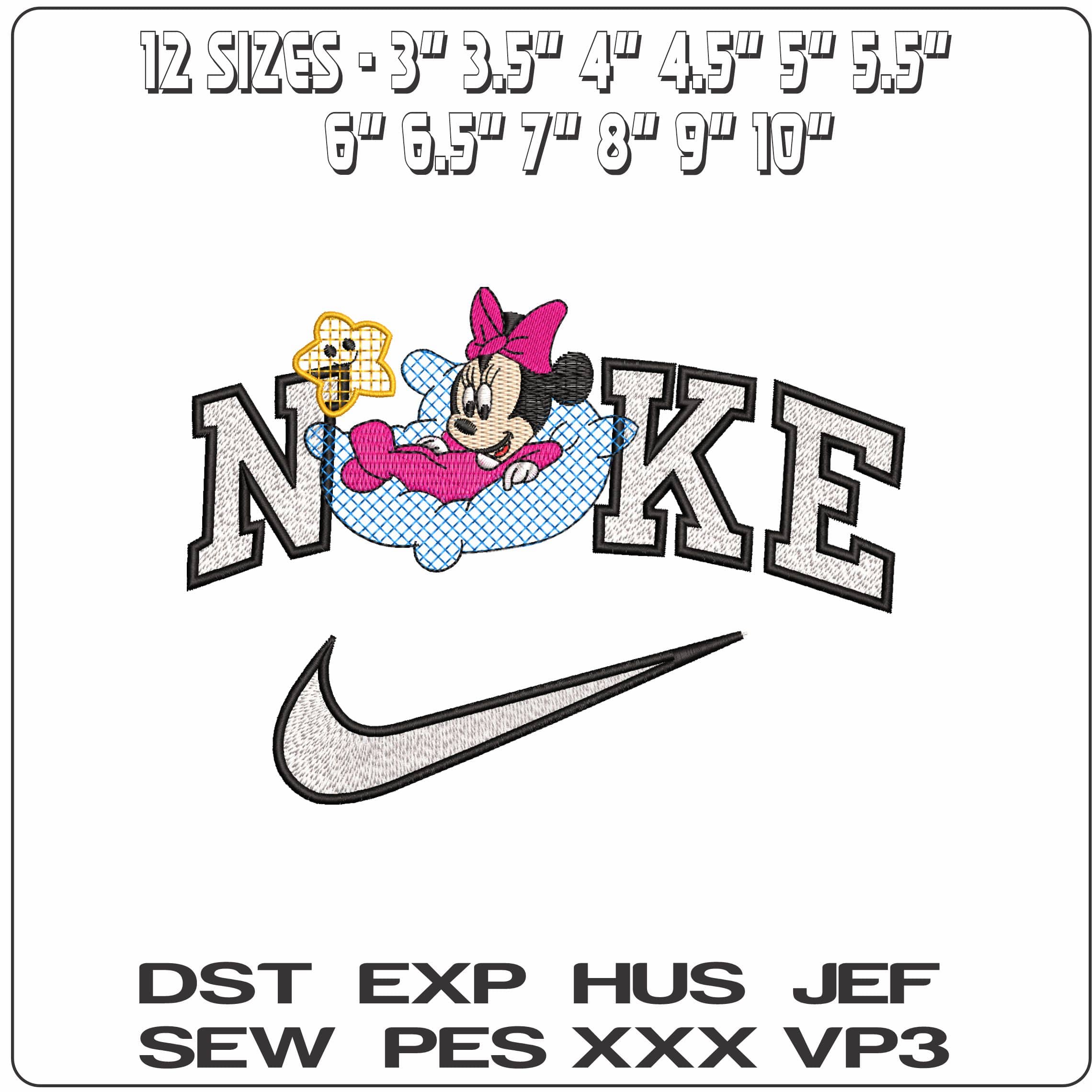 Nike Baby Minnie Mouse laying in Cloud Disney   - Elegant embroidery design file - instant download — view 2