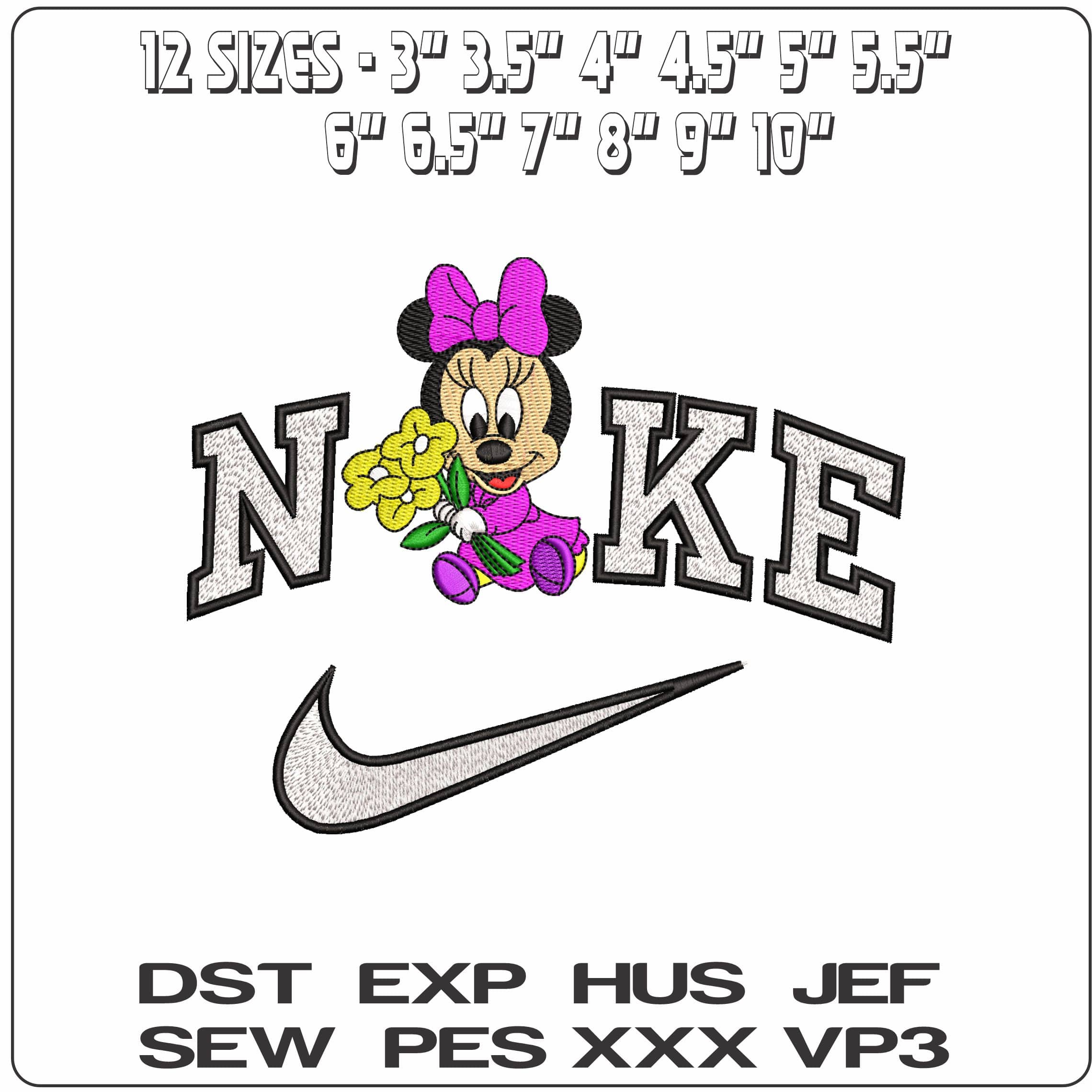 Nike Baby Minnie Mouse with Flowers Disney   - Elegant embroidery design file - instant download — view 2