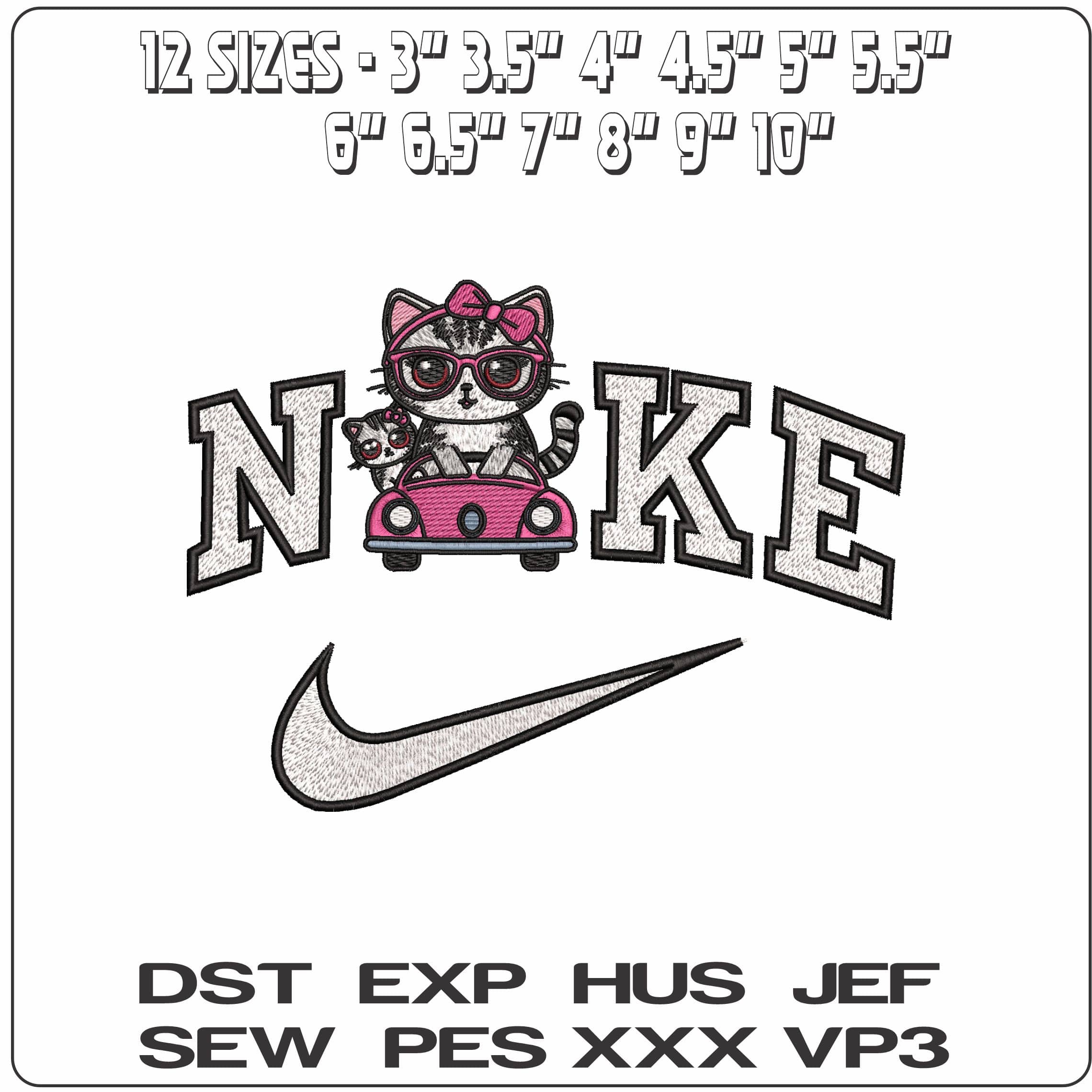 Nike Cat and Kitten in Pink car  - Elegant embroidery design file - instant download — view 2